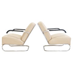 Pair of Beige Leather and Tubular Steel Lounge Chairs
