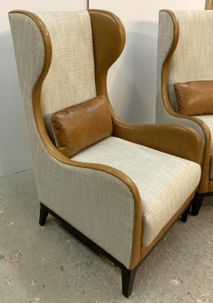 Pair of Beige Linen Tan Leather Wing Back Chairs Matching Lumbar Pillows