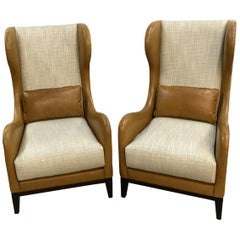 Pair of Beige Linen Tan Leather Wing Back Chairs Matching Lumbar Pillows