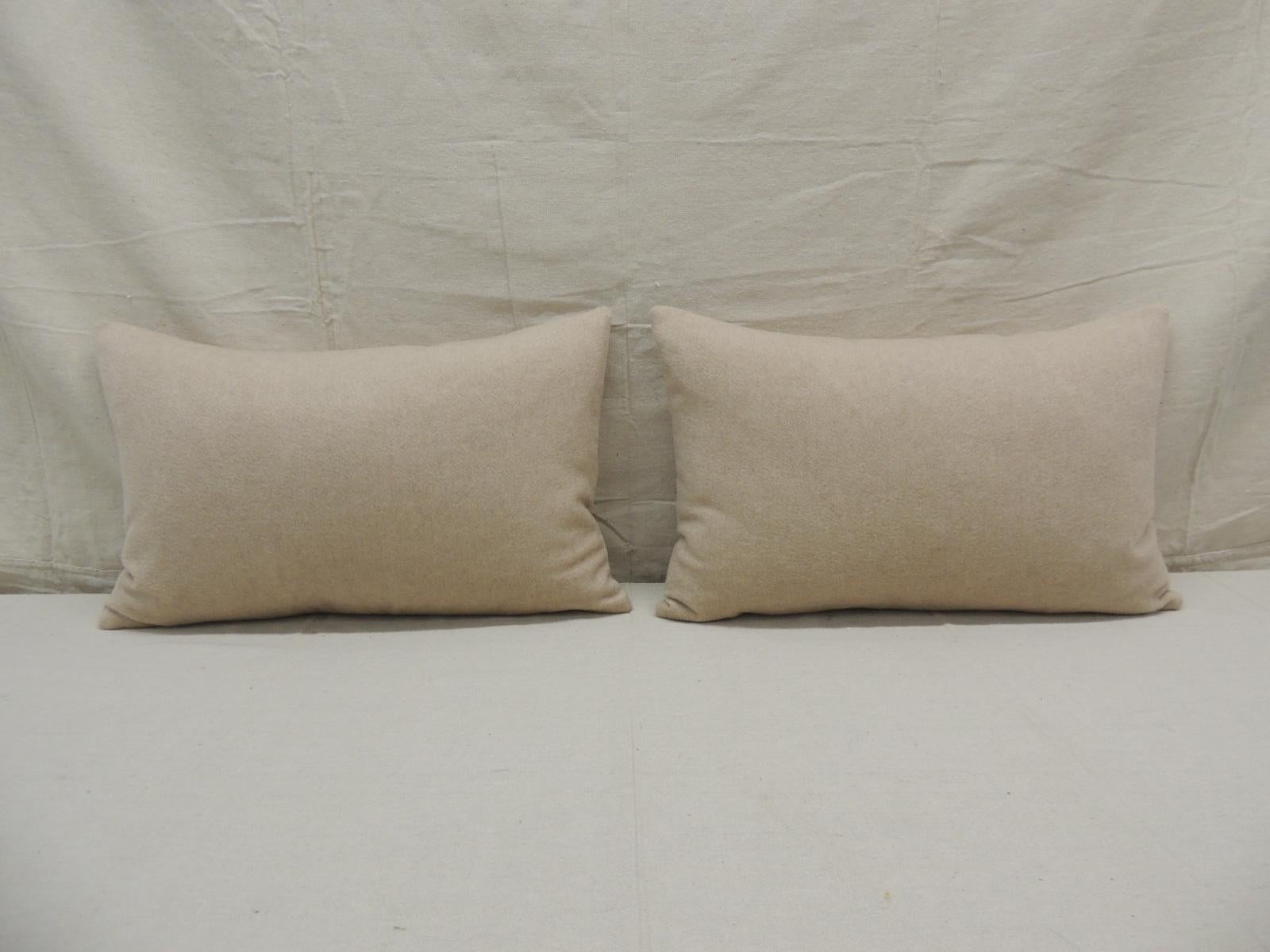 Pair of beige tone-on-tone loro piana cashmere decorative lumbar pillows
Front with tan color sheer wool backings.
Decorative pillow handcrafted and designed in the USA. 
Zipper closure with custom made pillow insert.
Size: 20