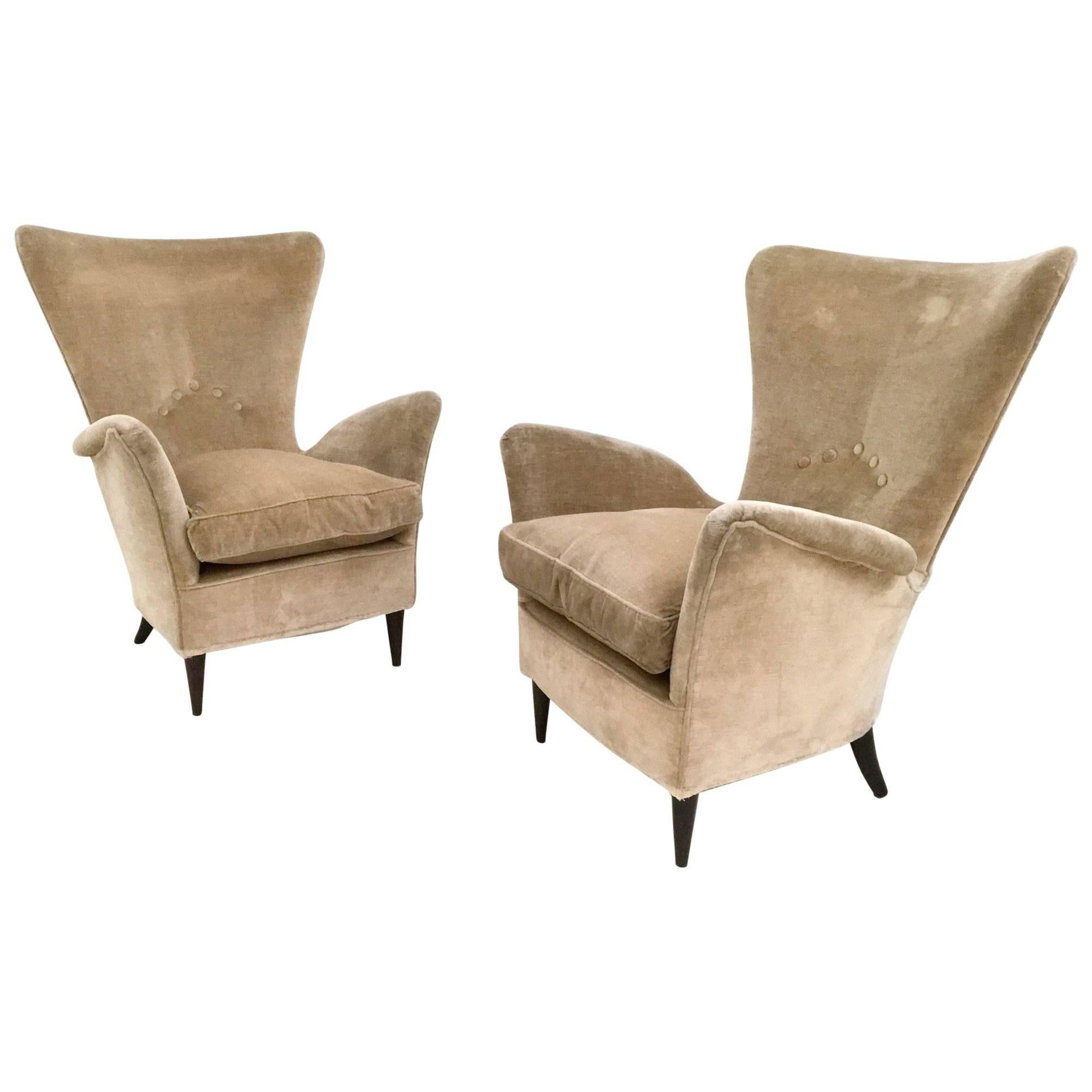 Pair of Beige Velvet Armchairs Ascribable to Gio Ponti for Hotel Bistrol, 1950s