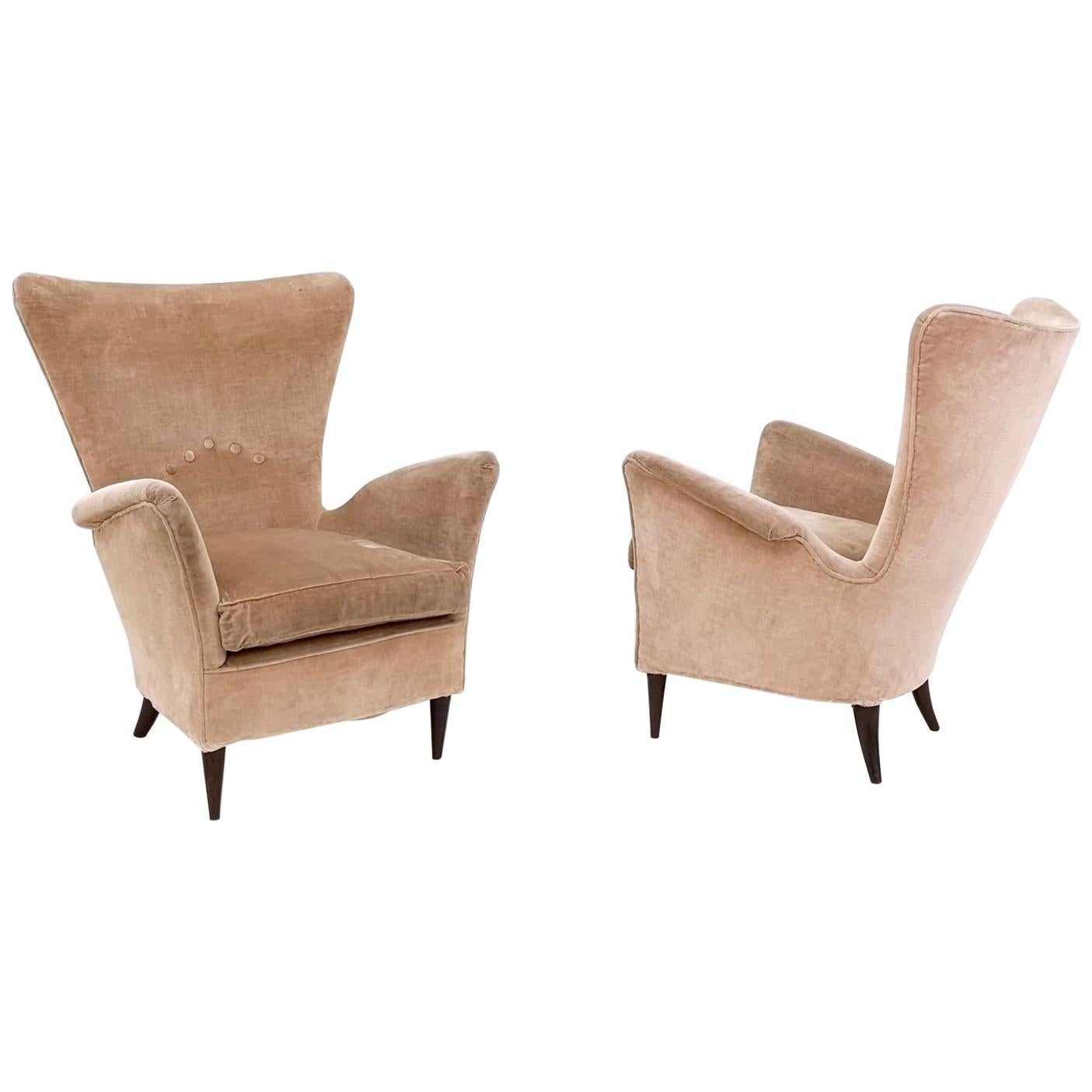 Pair of Beige Velvet Armchairs Ascribable to Gio Ponti for Hotel Bristol", 1950s