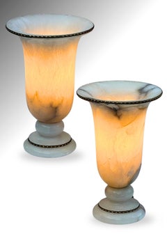 Pair of Belgian Art Deco Alabaster Urn Lamps, circa 1930s
