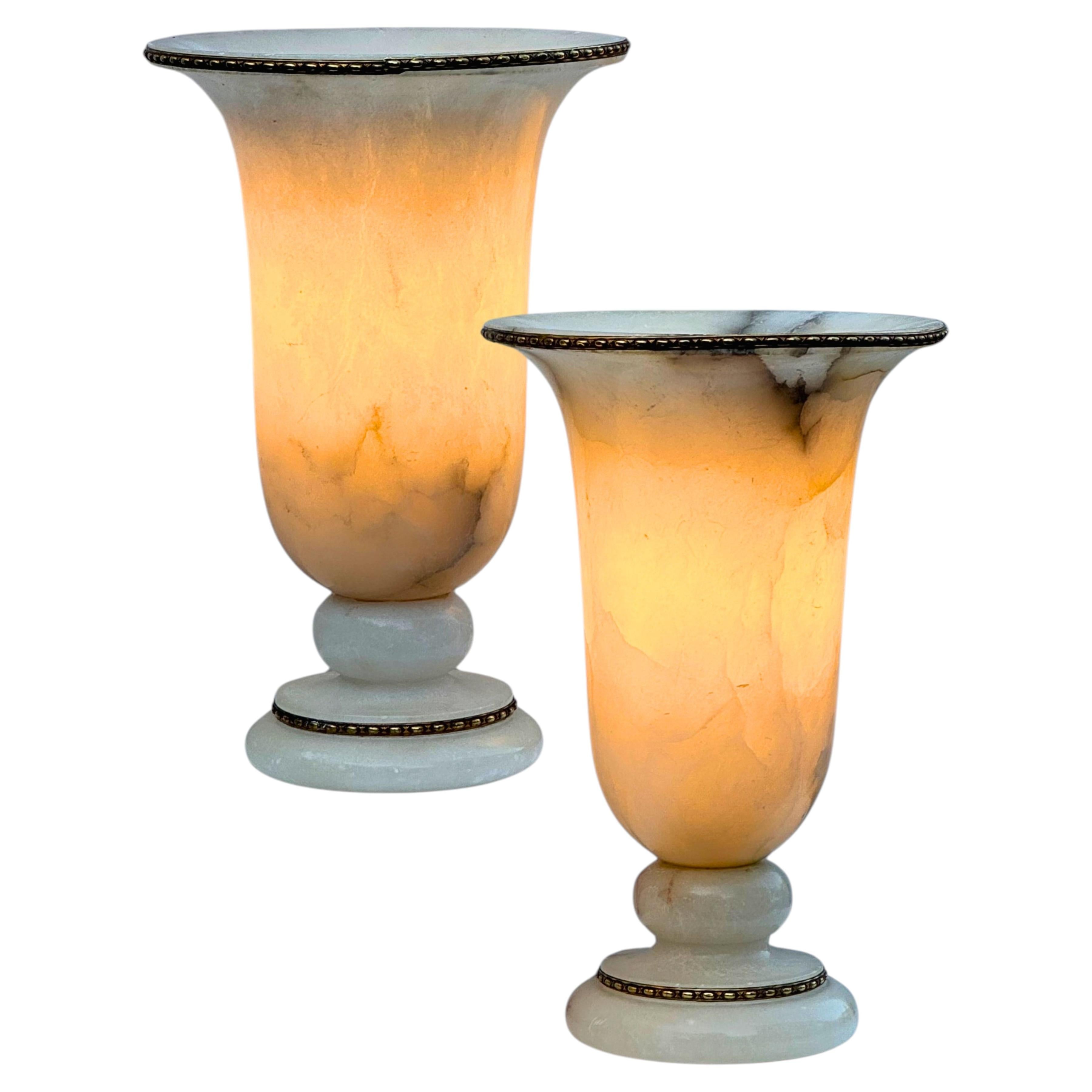 Pair of Belgian Art Deco Alabaster Urn Lamps, circa 1930s