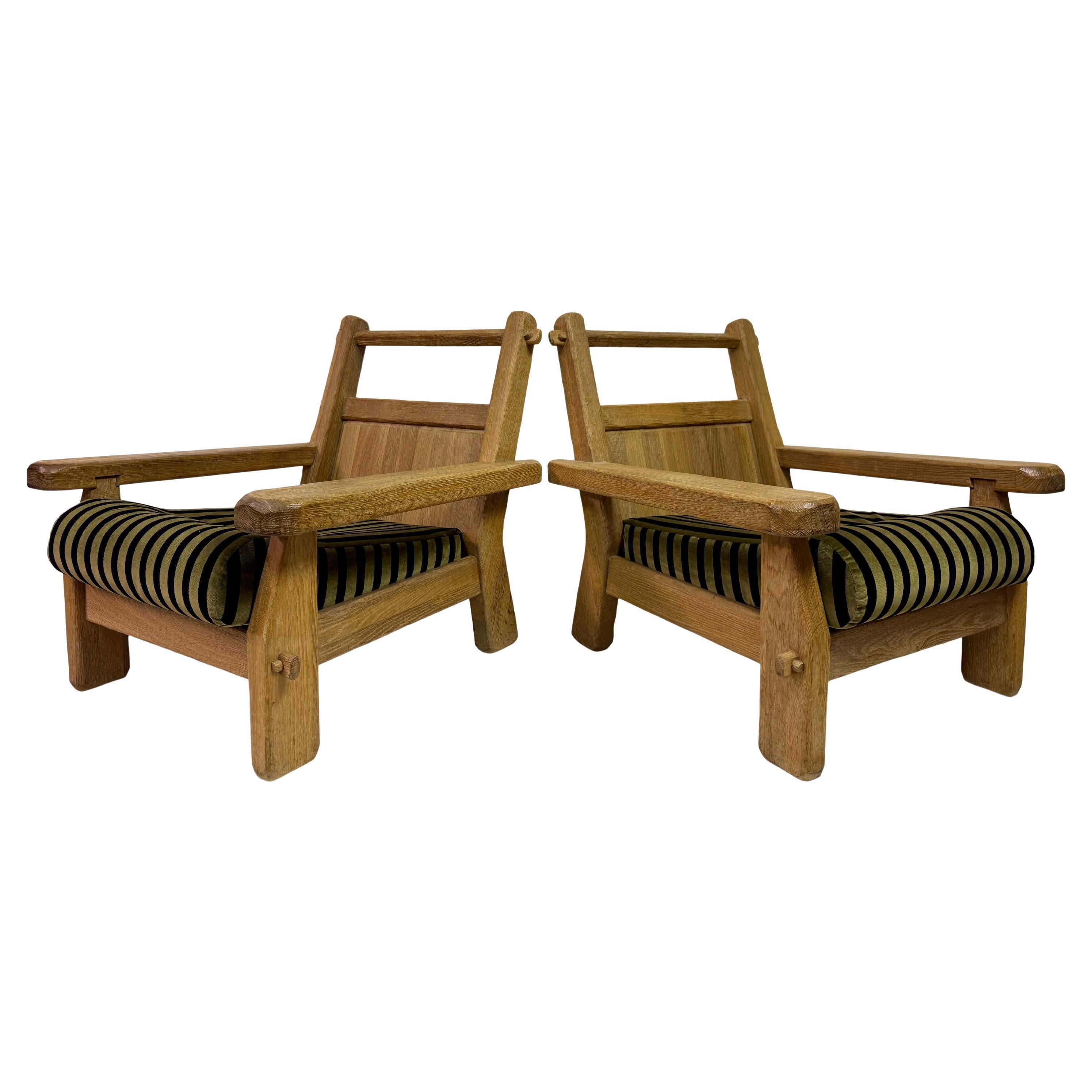 Pair of Belgian Brutalist Oak Armchairs by De Puydt