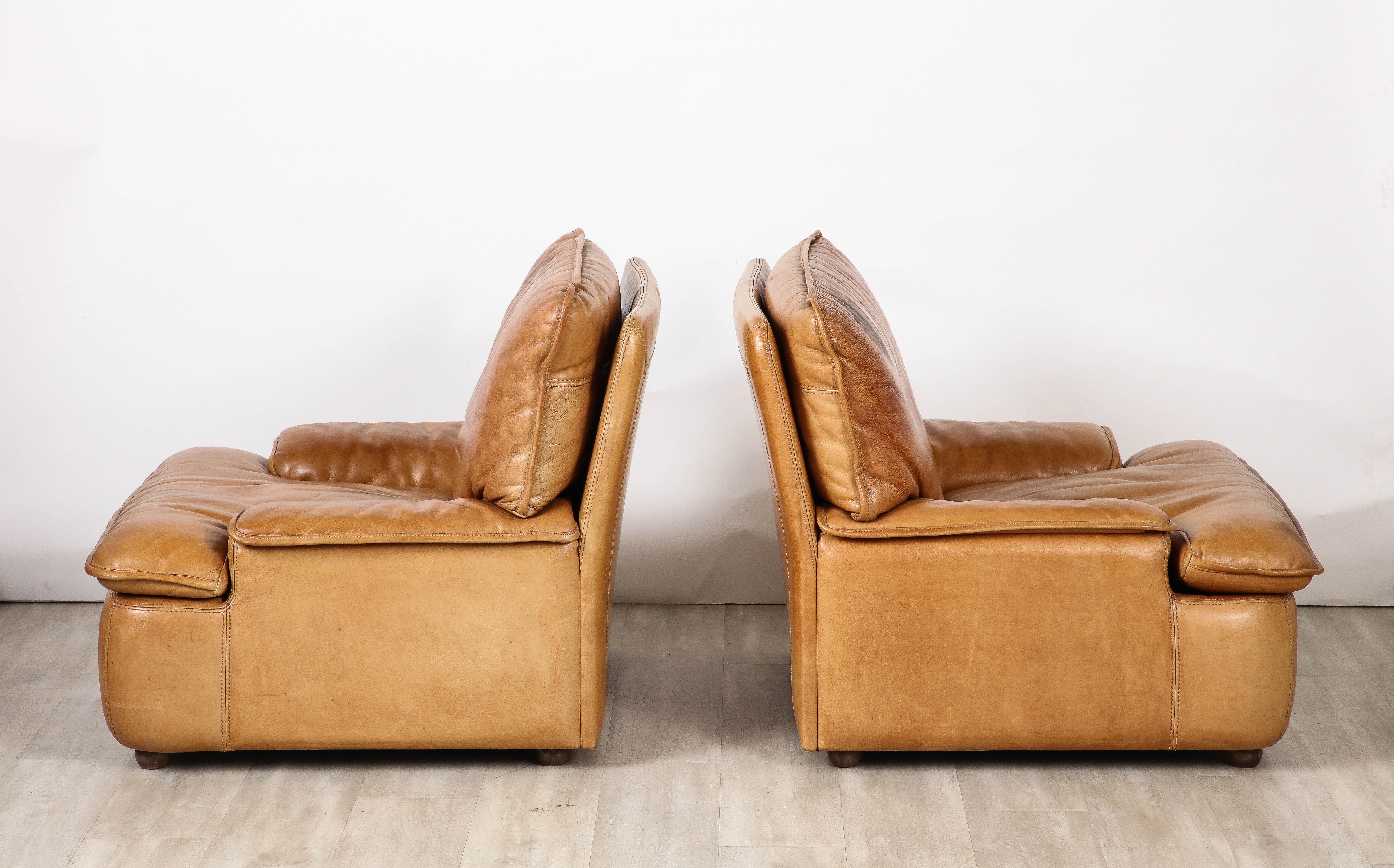 Pair of Belgian Leather Lounge Chairs, circa 1970  In Good Condition For Sale In New York, NY