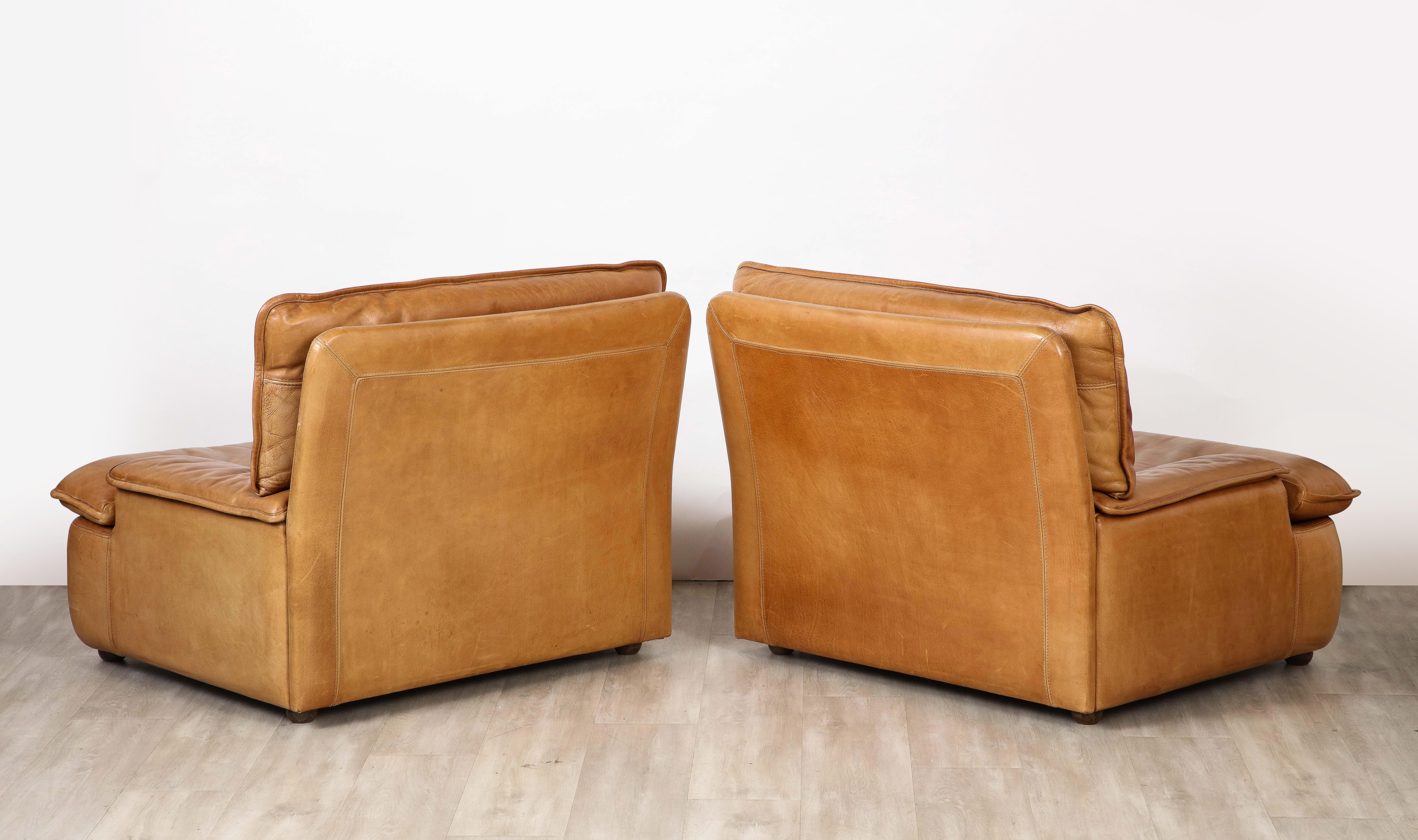 Late 20th Century Pair of Belgian Leather Lounge Chairs, circa 1970  For Sale