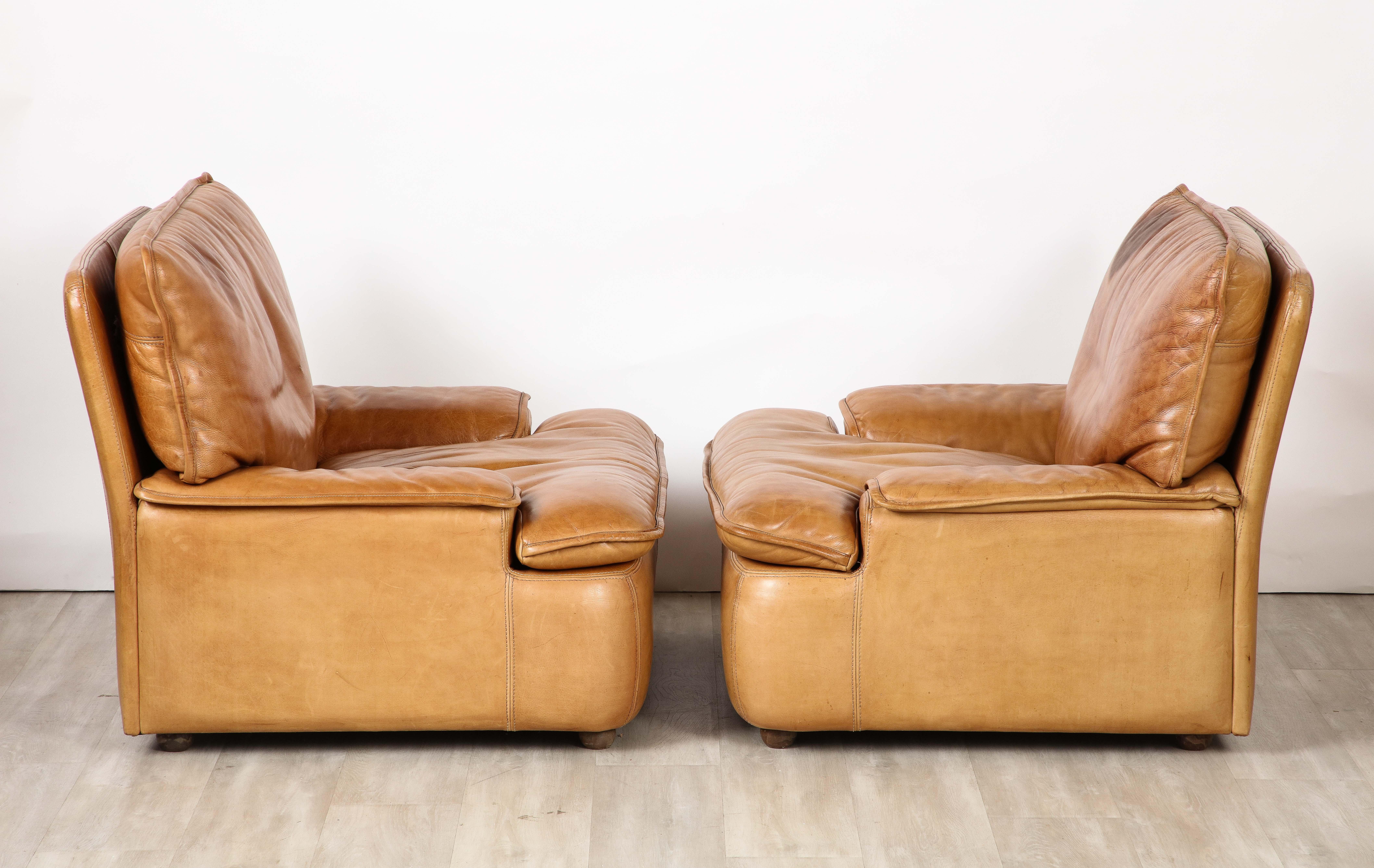 Pair of Belgian Leather Lounge Chairs, circa 1970  For Sale 2