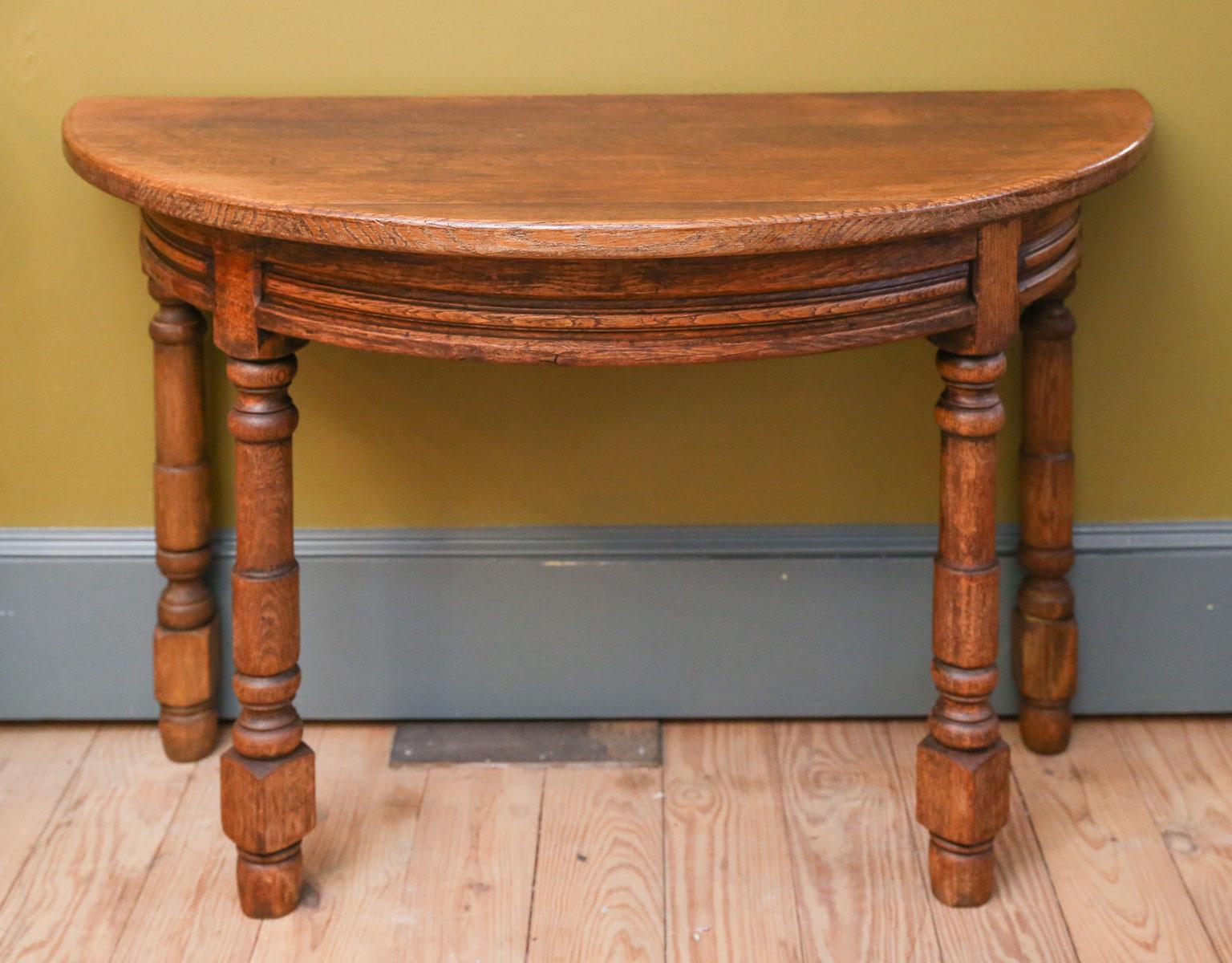 Country Pair of Heavy Oak Demilune Tables with Turned Legs