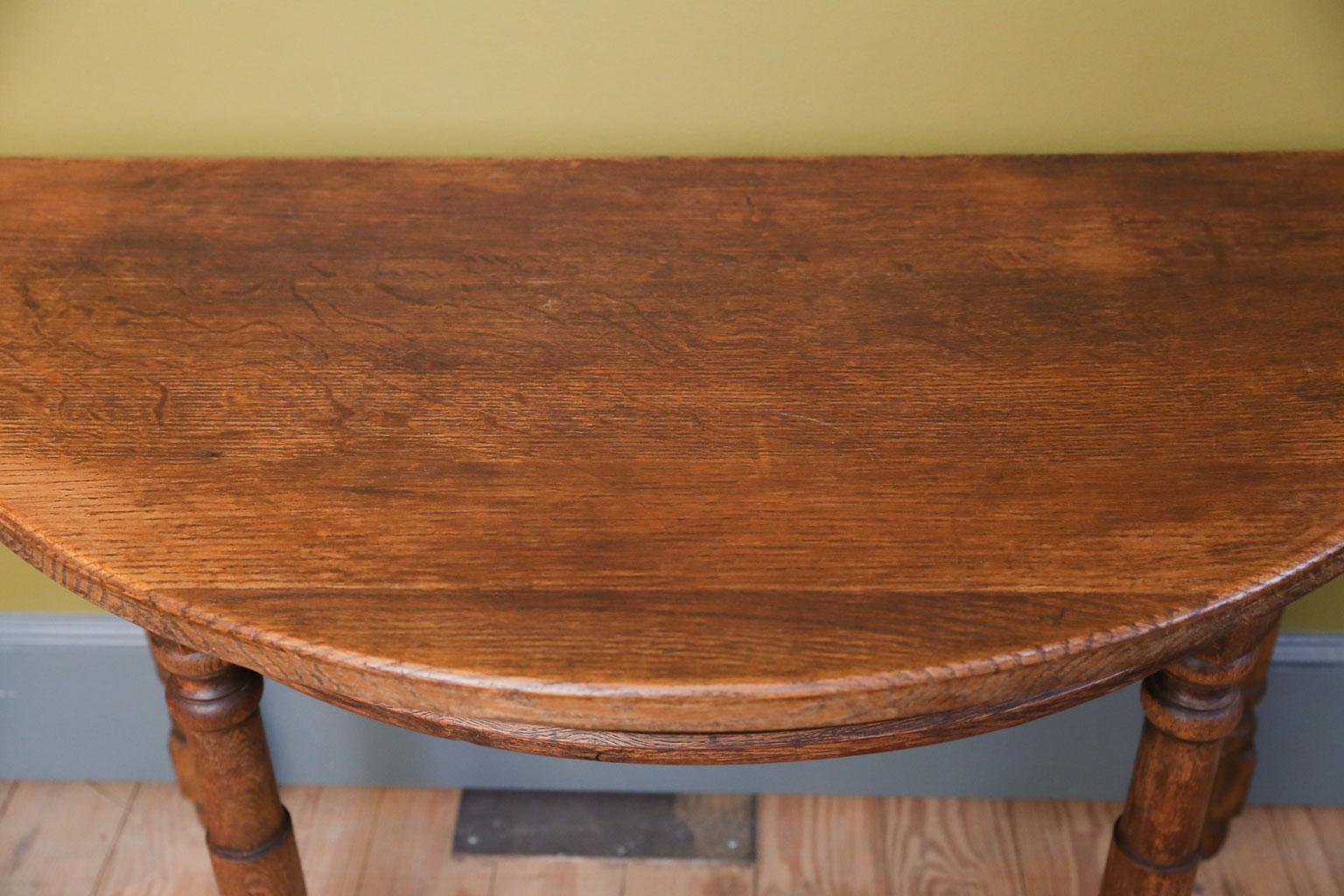 Belgian Pair of Heavy Oak Demilune Tables with Turned Legs