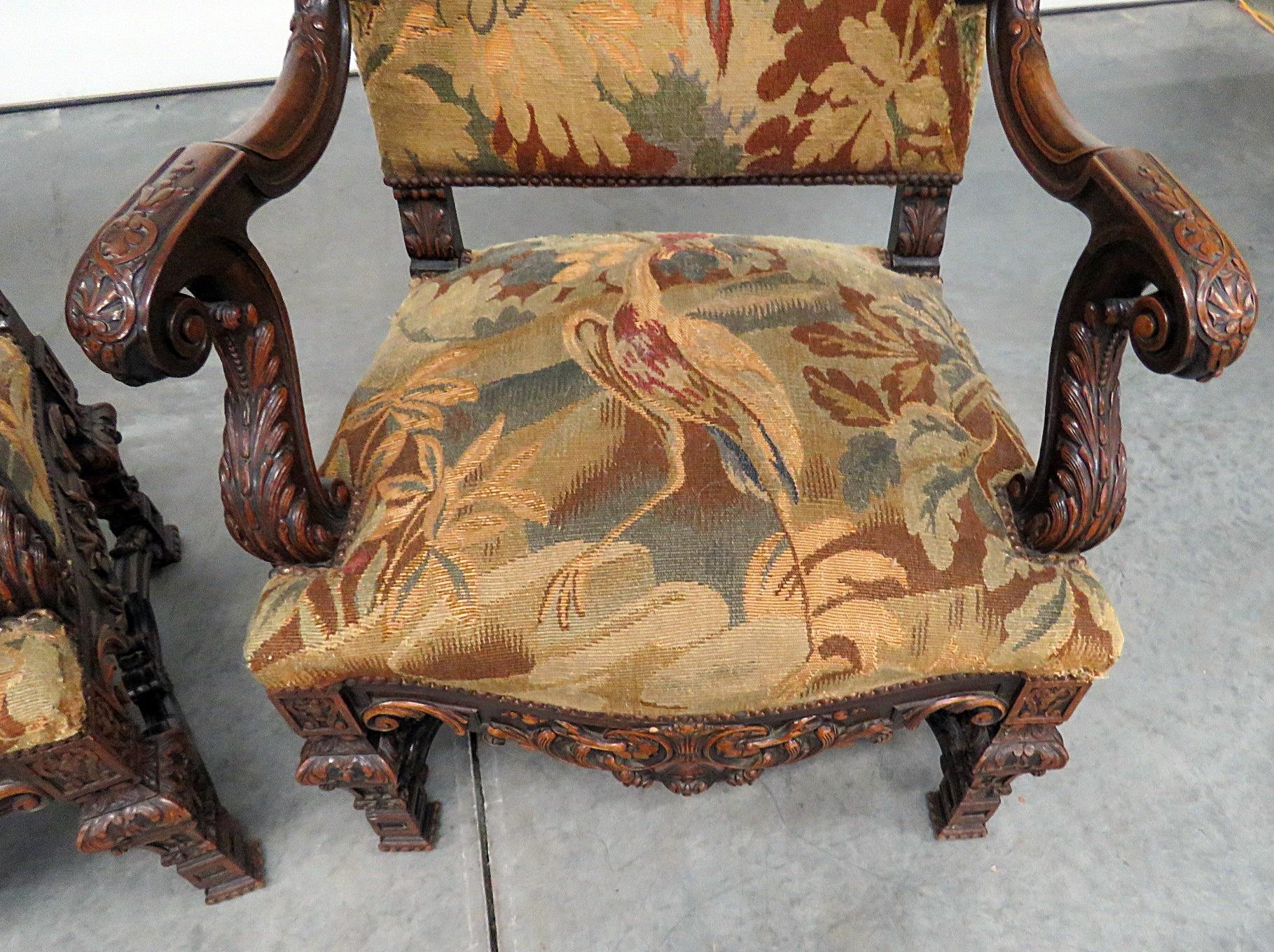 Pair of Belgian Renaissance Style Needlepoint Armchairs 1