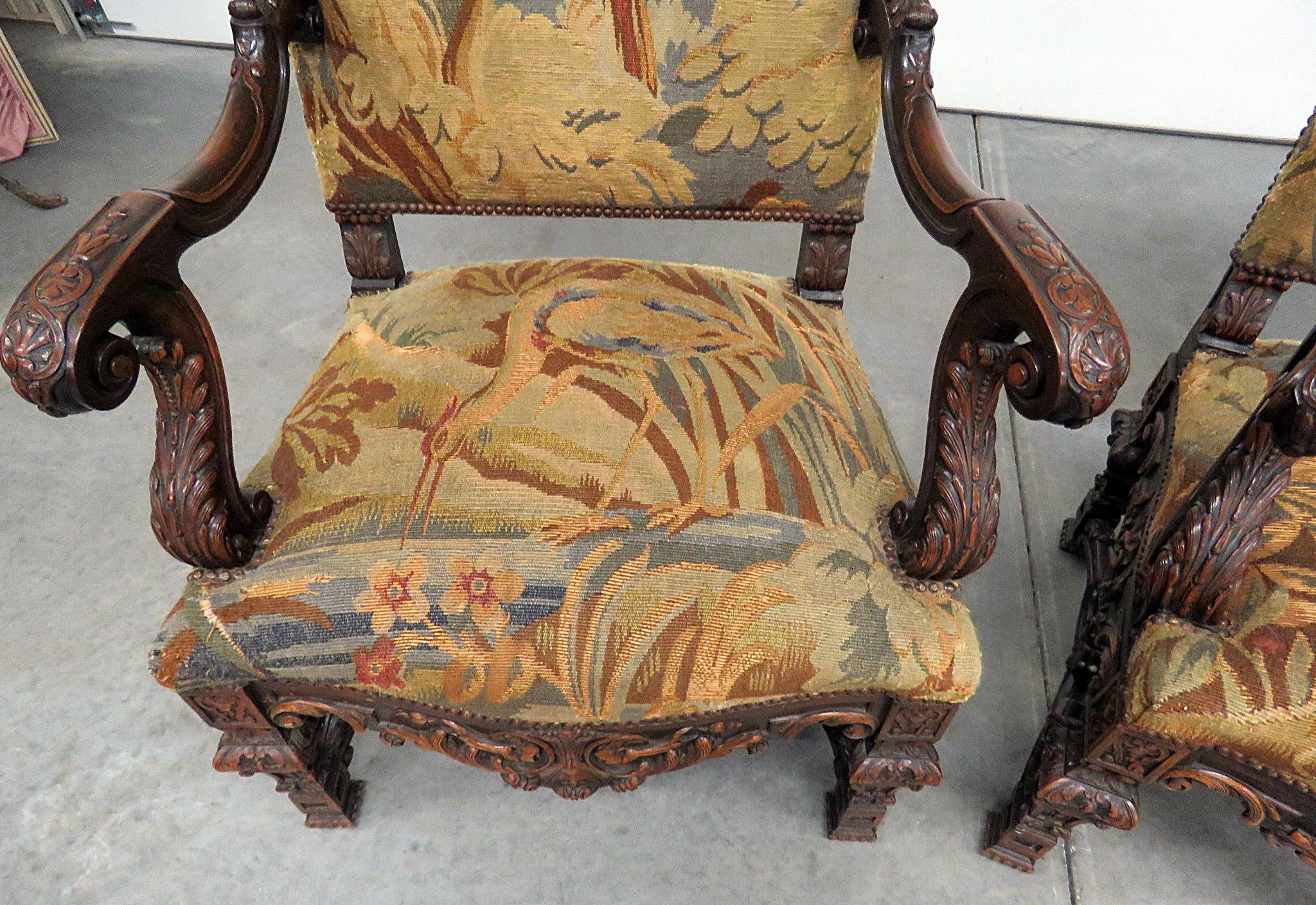 Pair of Belgian Renaissance Style Needlepoint Armchairs 2