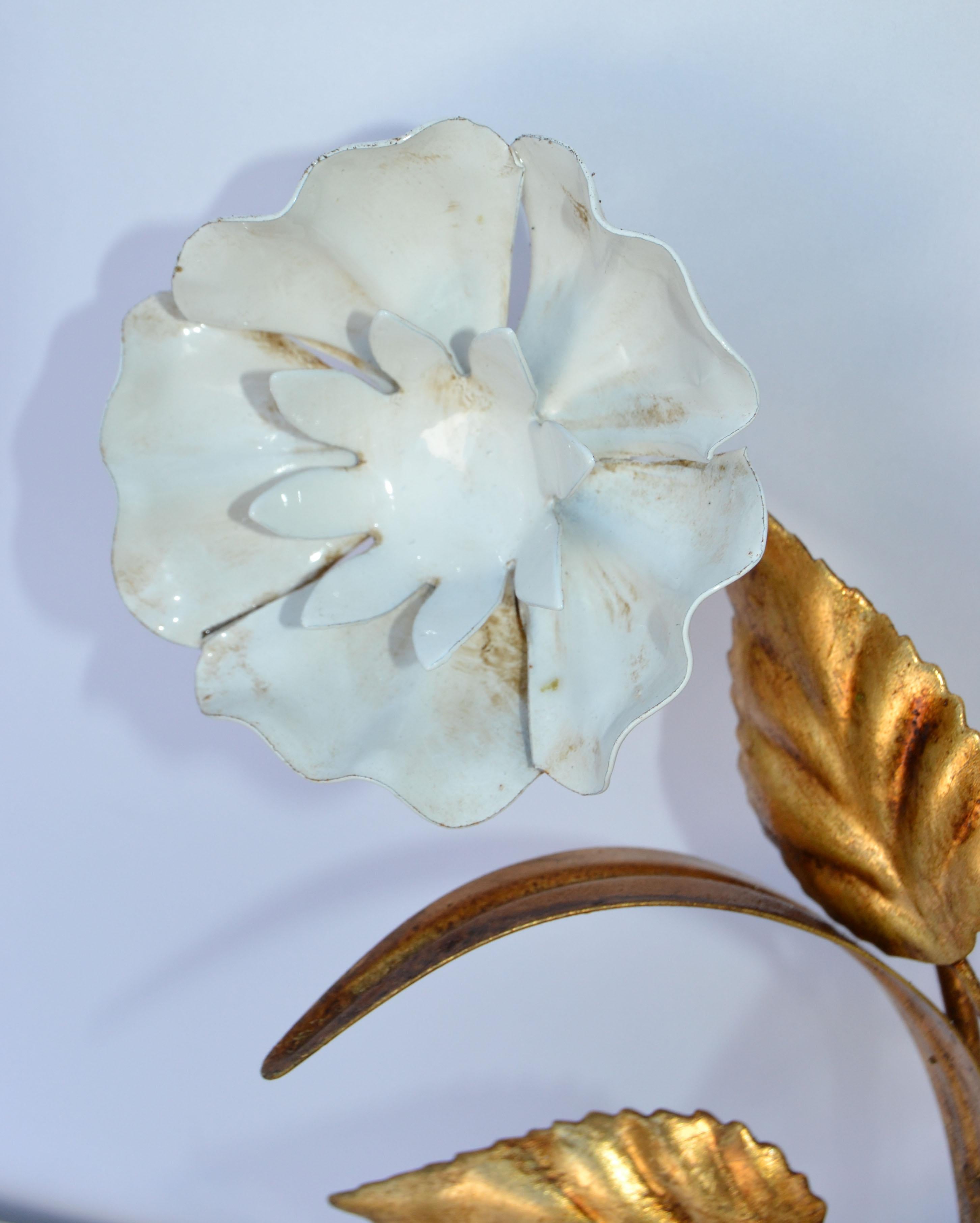 20th Century Pair of Belgium Brass & Enamel Flower Sconce Gold White Finish, 1960 For Sale