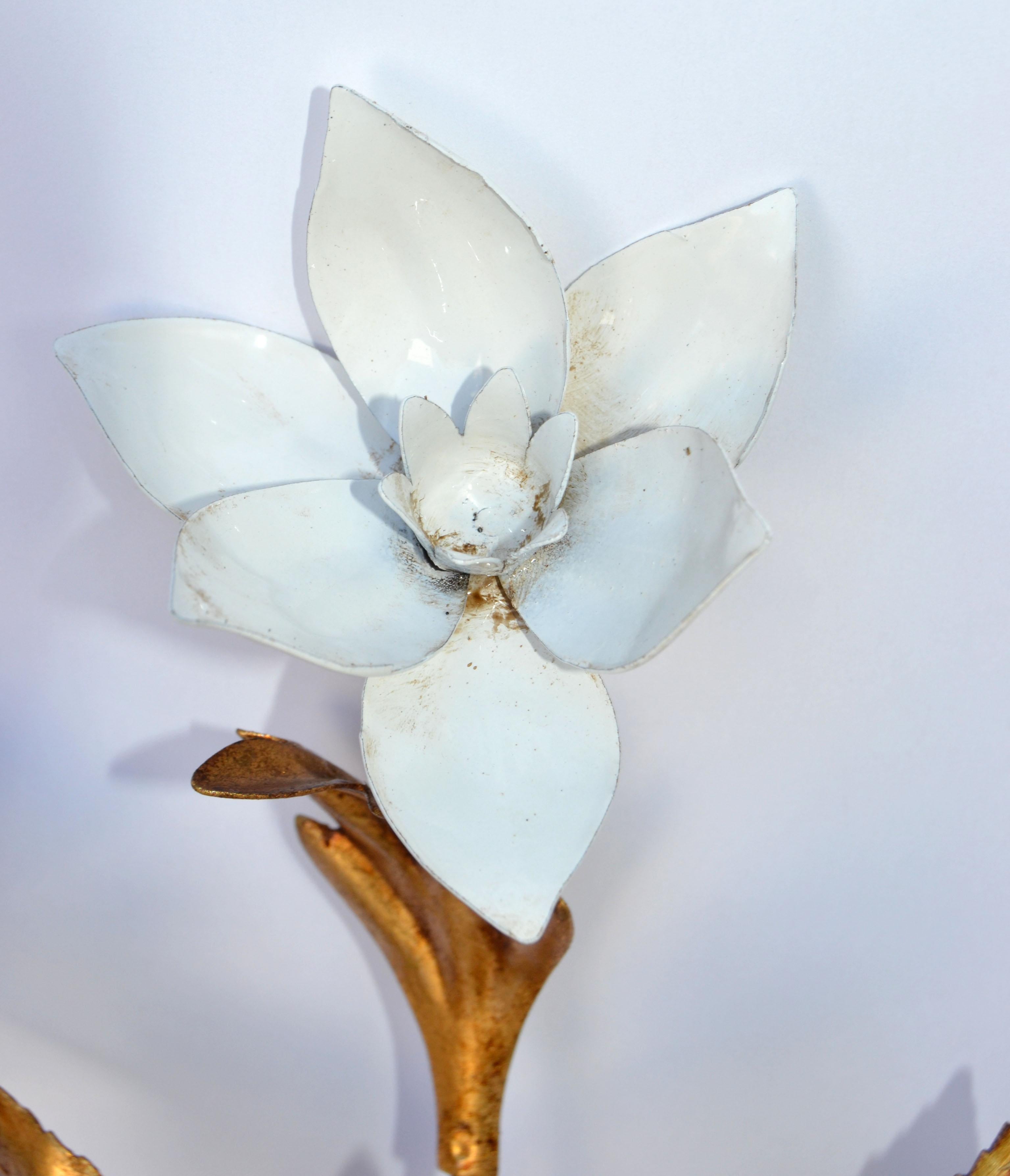 Pair of Belgium Brass & Enamel Flower Sconce Gold White Finish, 1960 For Sale 1