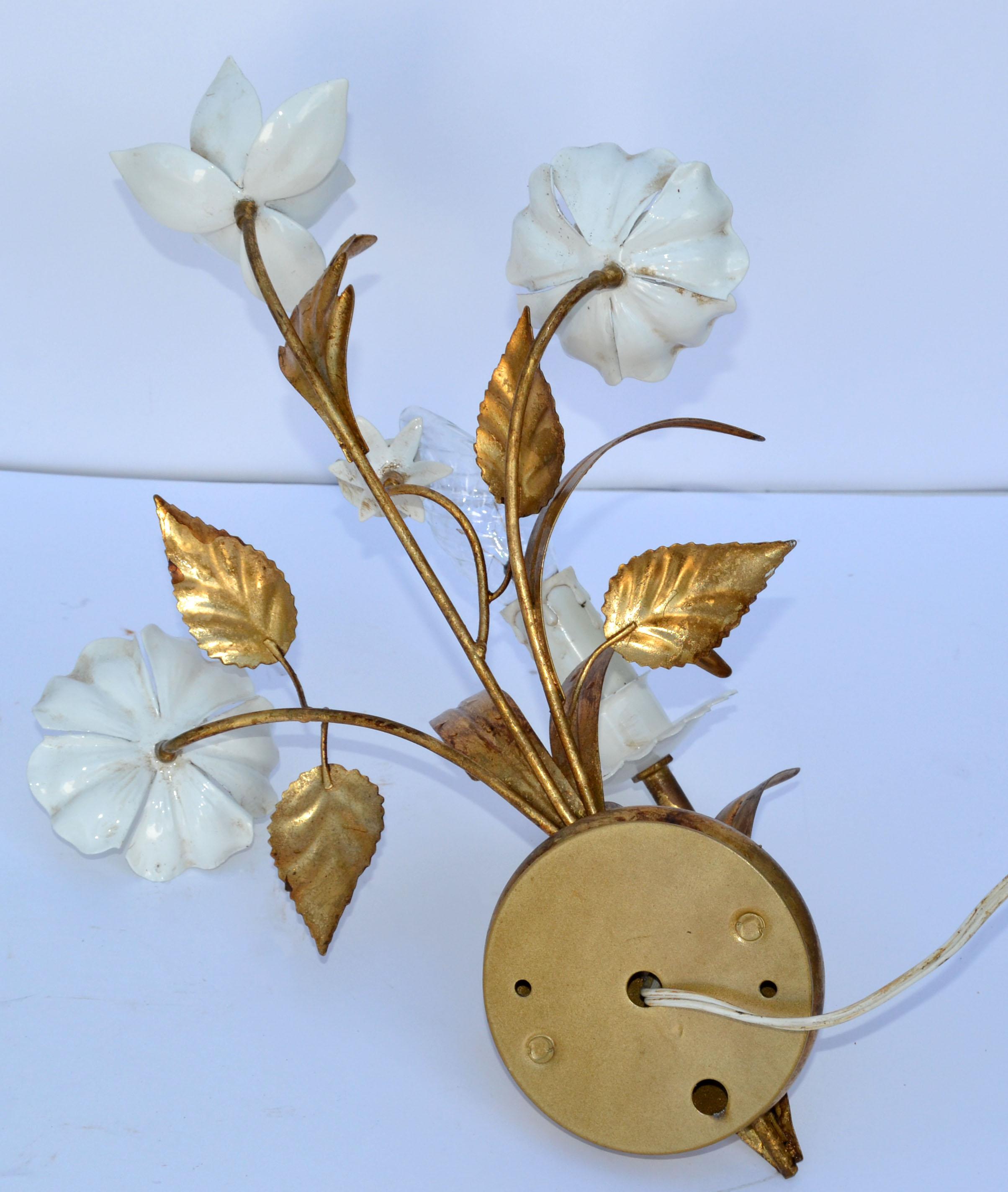 Pair of Belgium Brass & Enamel Flower Sconce Gold White Finish, 1960 For Sale 3
