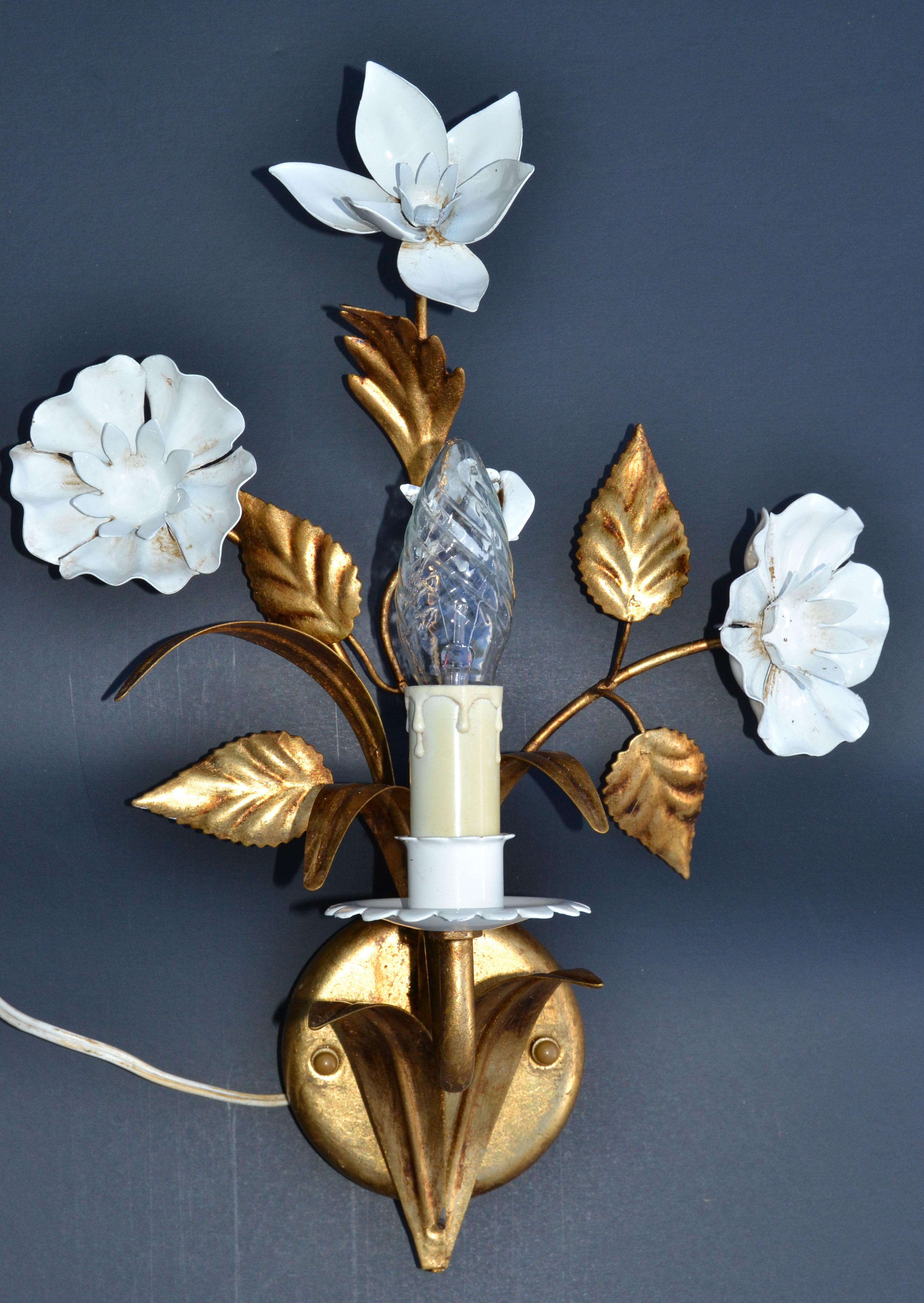 Mid-Century Modern Pair of Belgium Brass & Enamel Flower Sconce Gold White Finish, 1960 For Sale