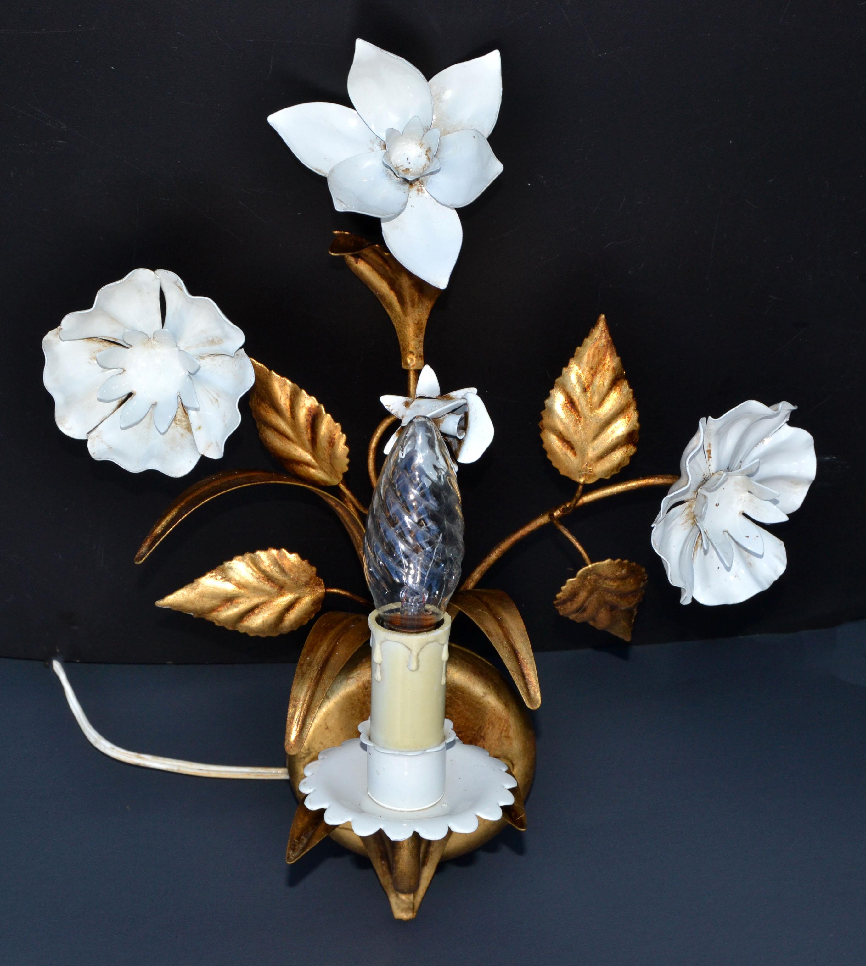 Belgian Pair of Belgium Brass & Enamel Flower Sconce Gold White Finish, 1960 For Sale