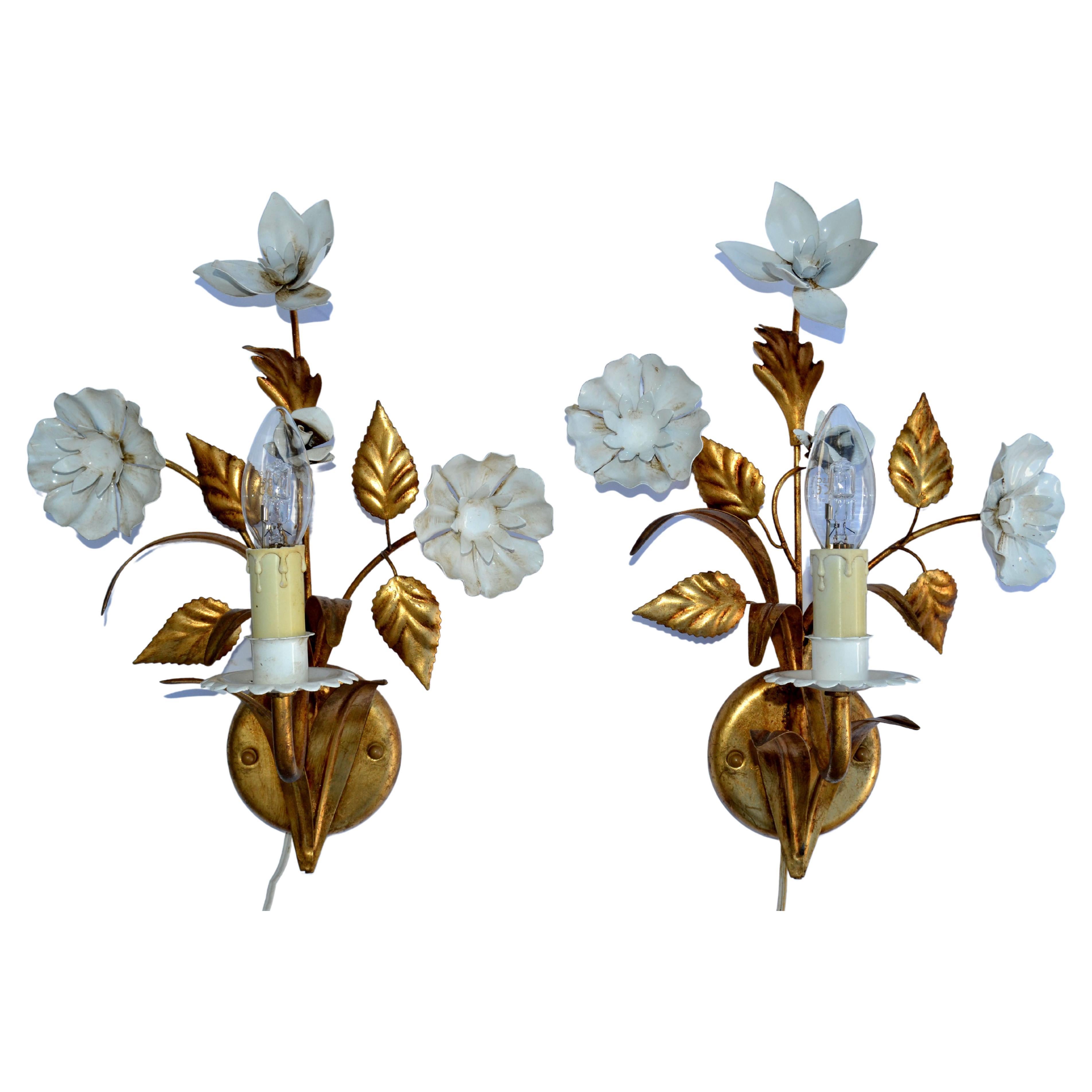 Pair of Belgium Brass & Enamel Flower Sconce Gold White Finish, 1960 For Sale