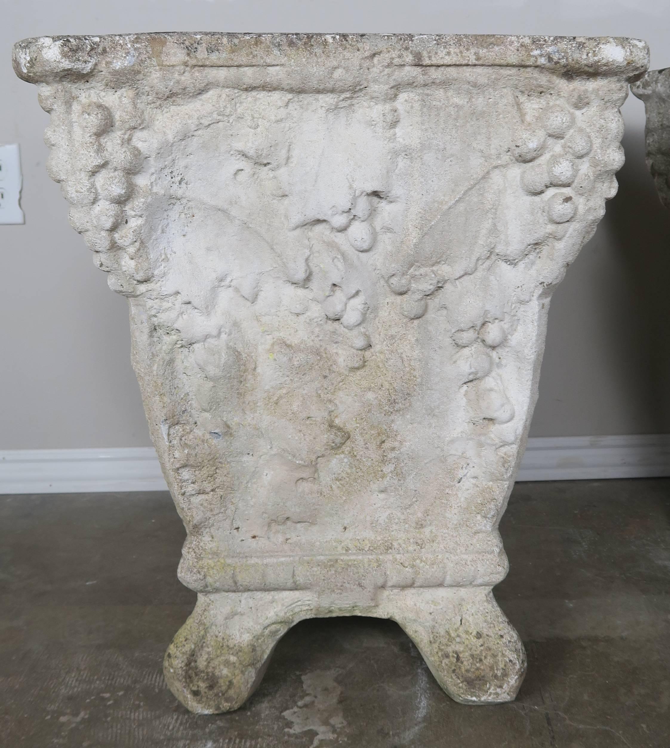 Pair of Belgium Cement Planters with Grapes, 1920s In Distressed Condition In Los Angeles, CA