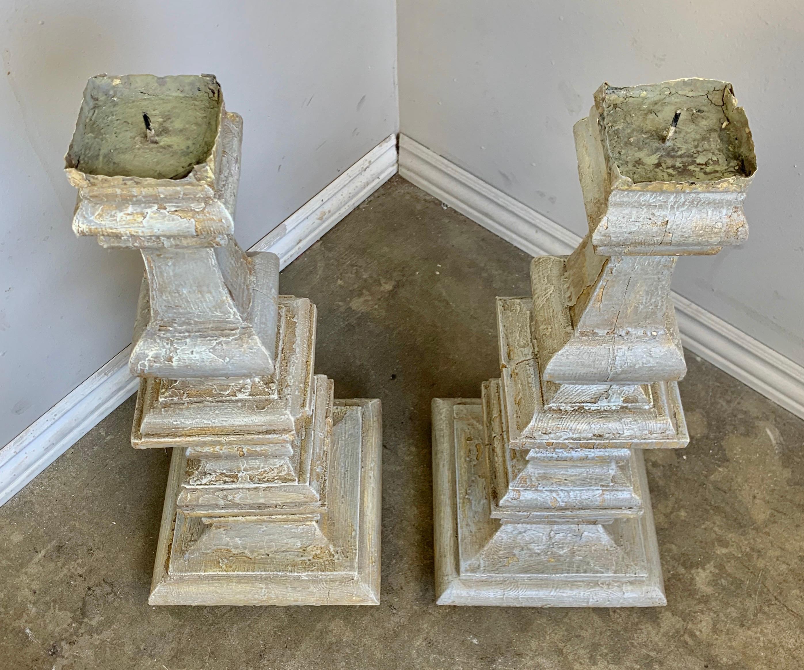 Pair of circa 1920s painted Italian architectural style candlesticks that would work in any decor, both traditional or modern.
