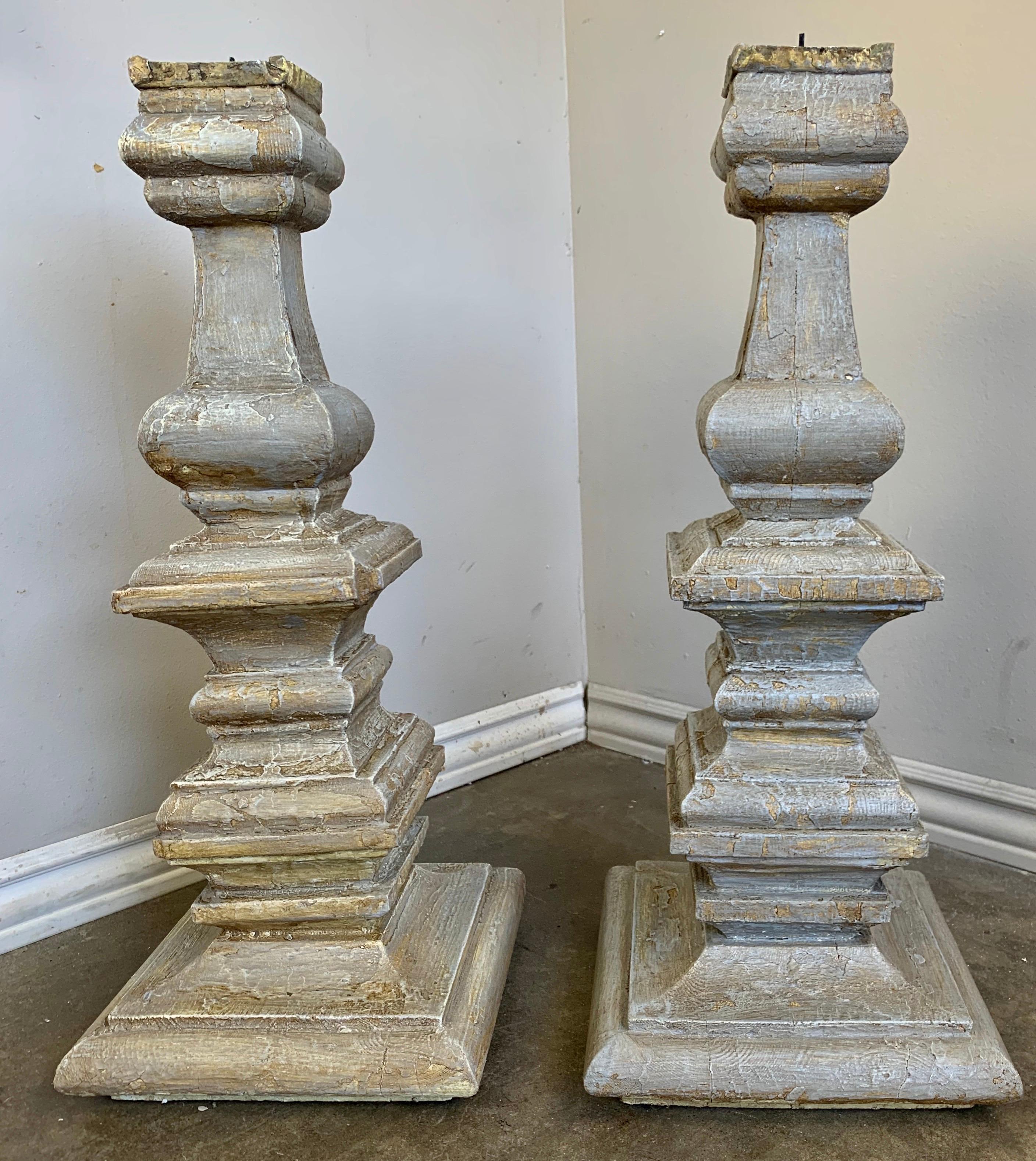 20th Century Pair of Italian Painted Wood Candlesticks, circa 1920s