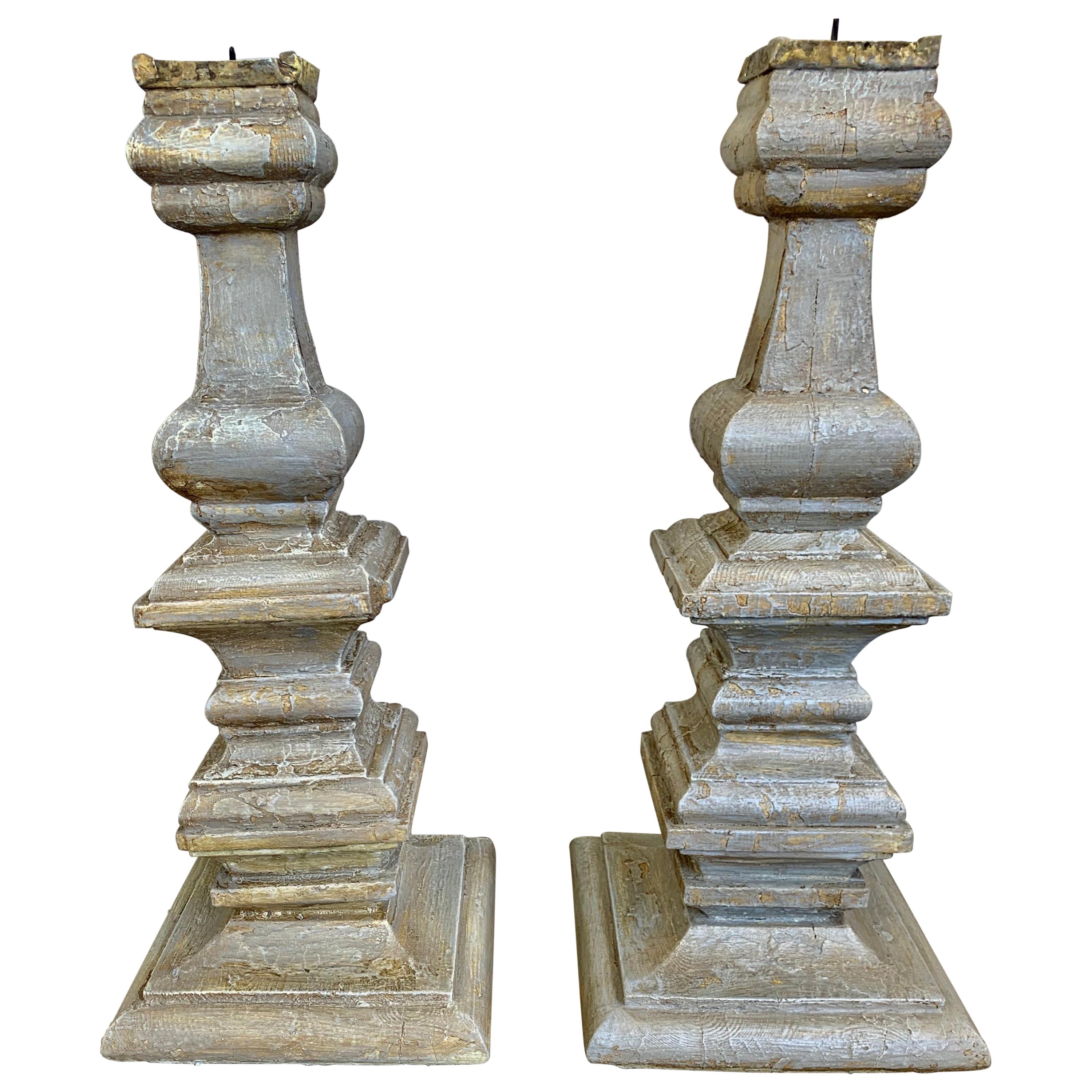 Pair of Italian Painted Wood Candlesticks, circa 1920s