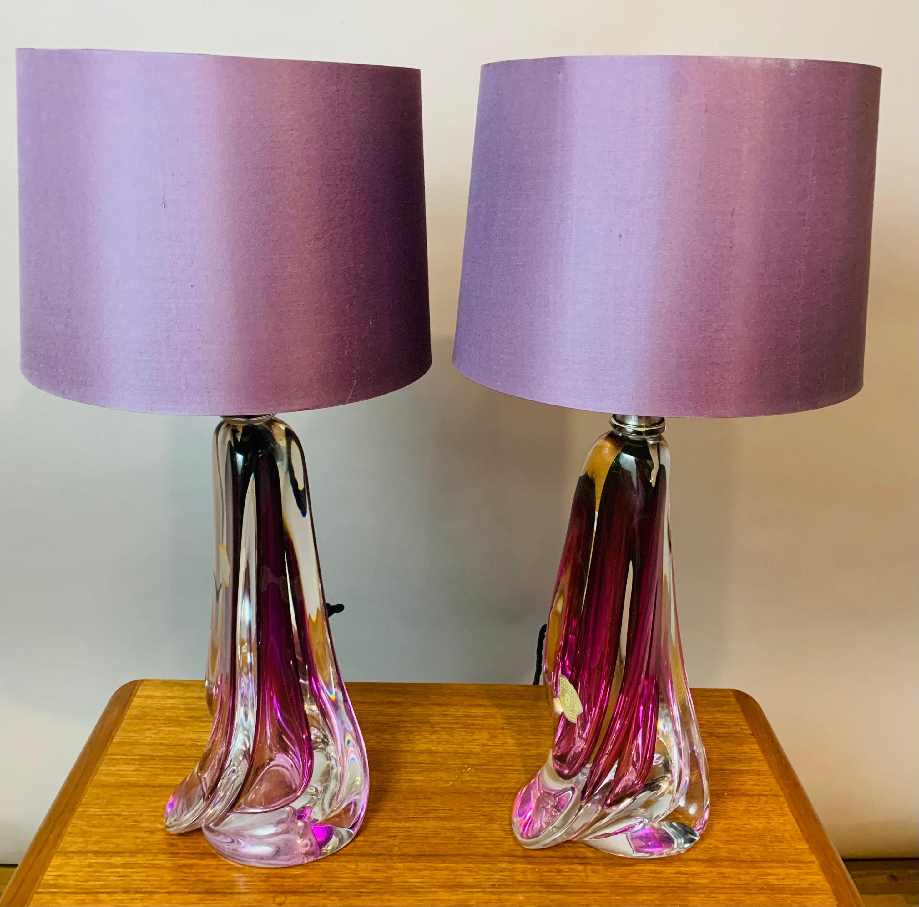 Pair of Belgium Val Saint Lambert Purple & Clear Crystal Glass Table Lamps 7