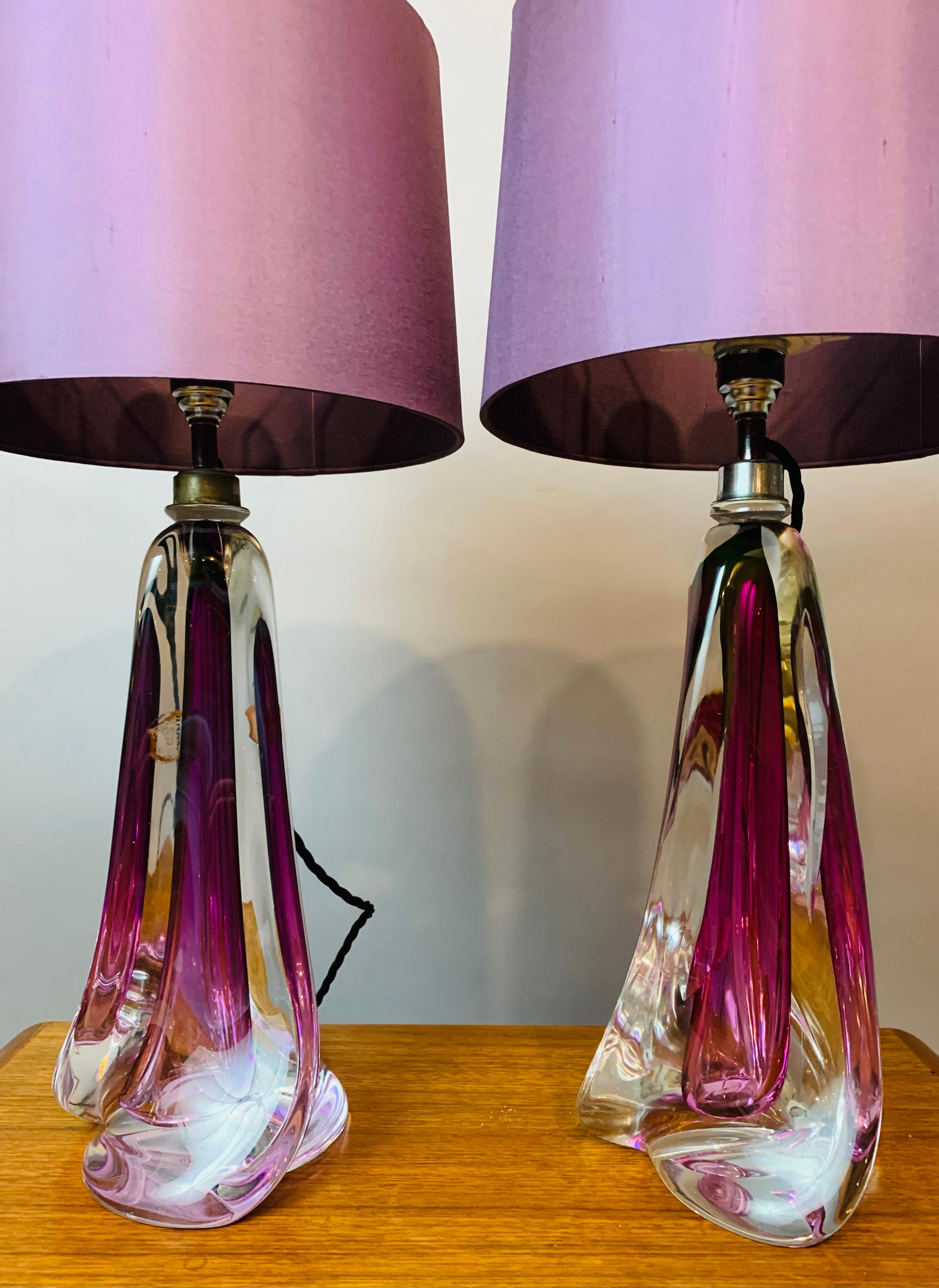Pair of Belgium Val Saint Lambert Purple & Clear Crystal Glass Table Lamps 8