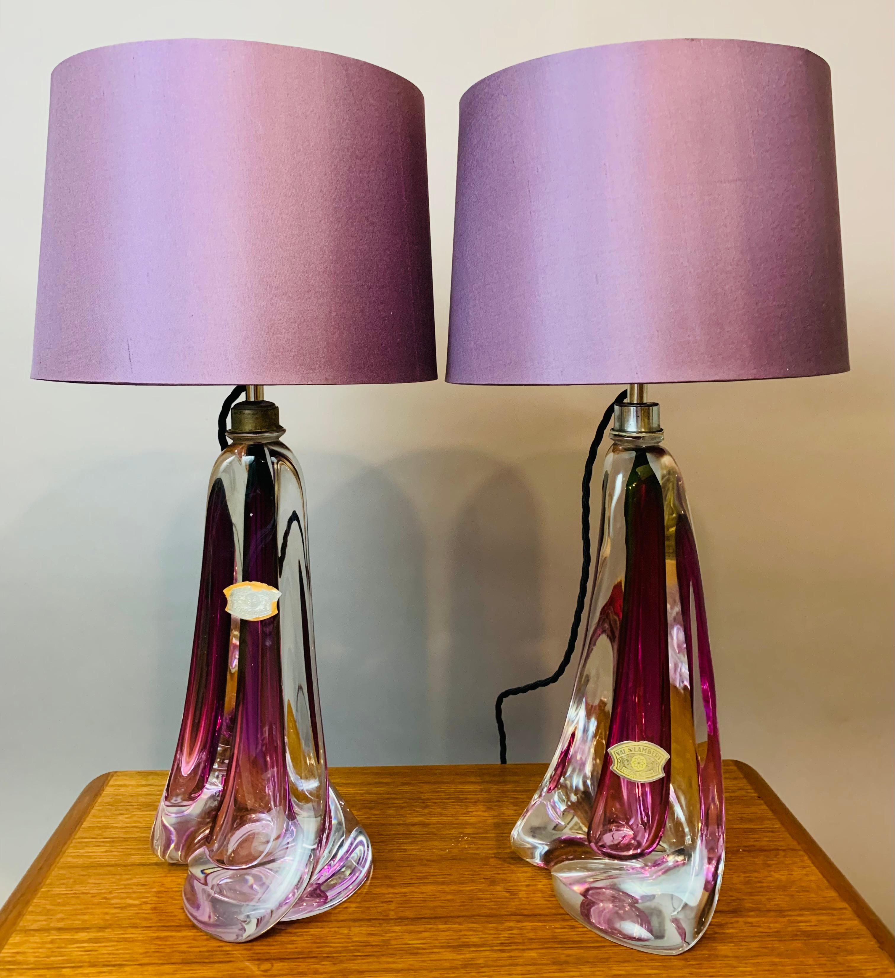Pair of Belgium 1950s Val Saint Lambert purple and clear crystal glass lamp bases of tapering geometric form with chrome mounted bayonet bulb sockets. Handblown in heavy lead crystal glass which makes every one slightly different to another even if