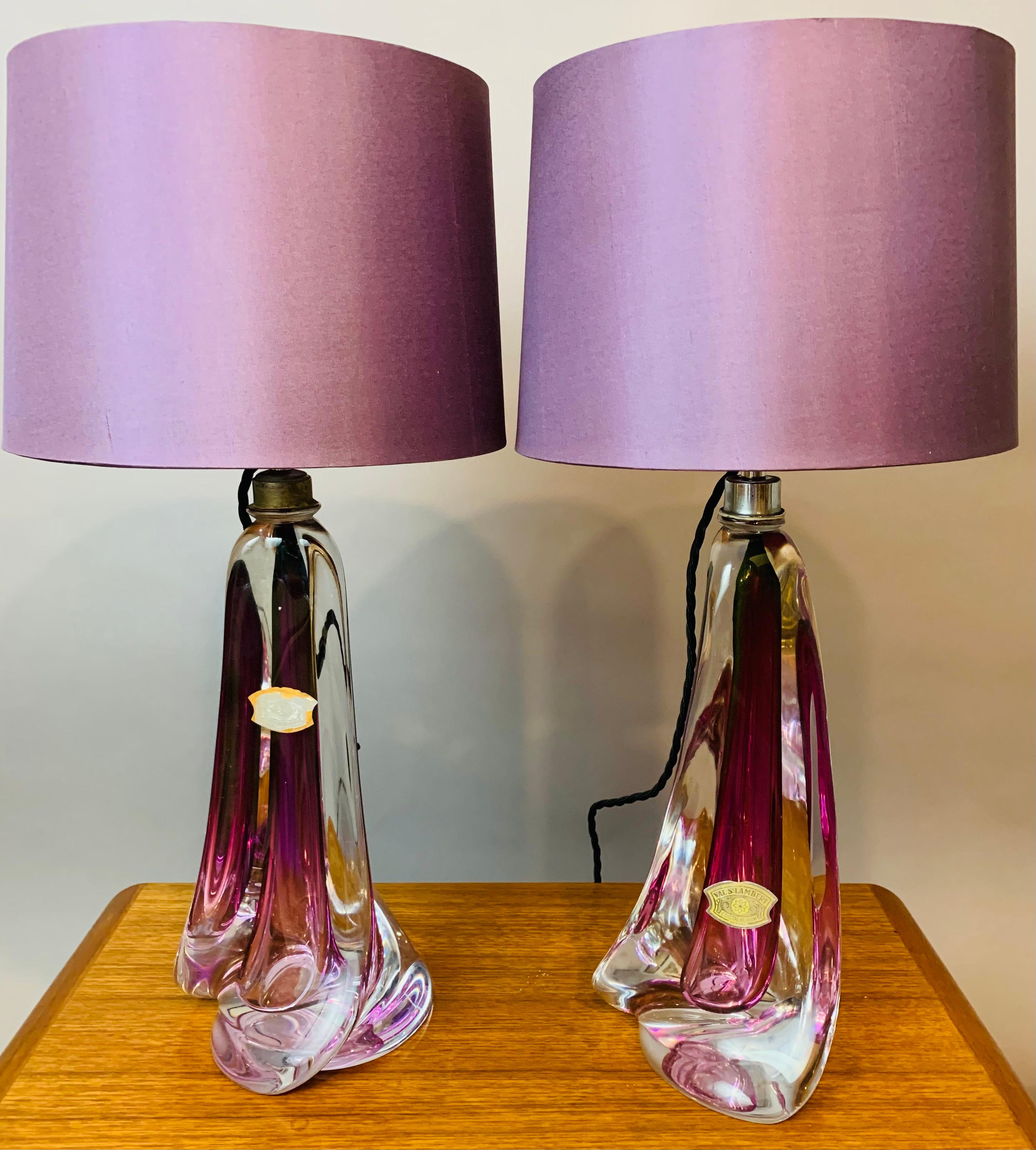 Belgian Pair of Belgium Val Saint Lambert Purple & Clear Crystal Glass Table Lamps