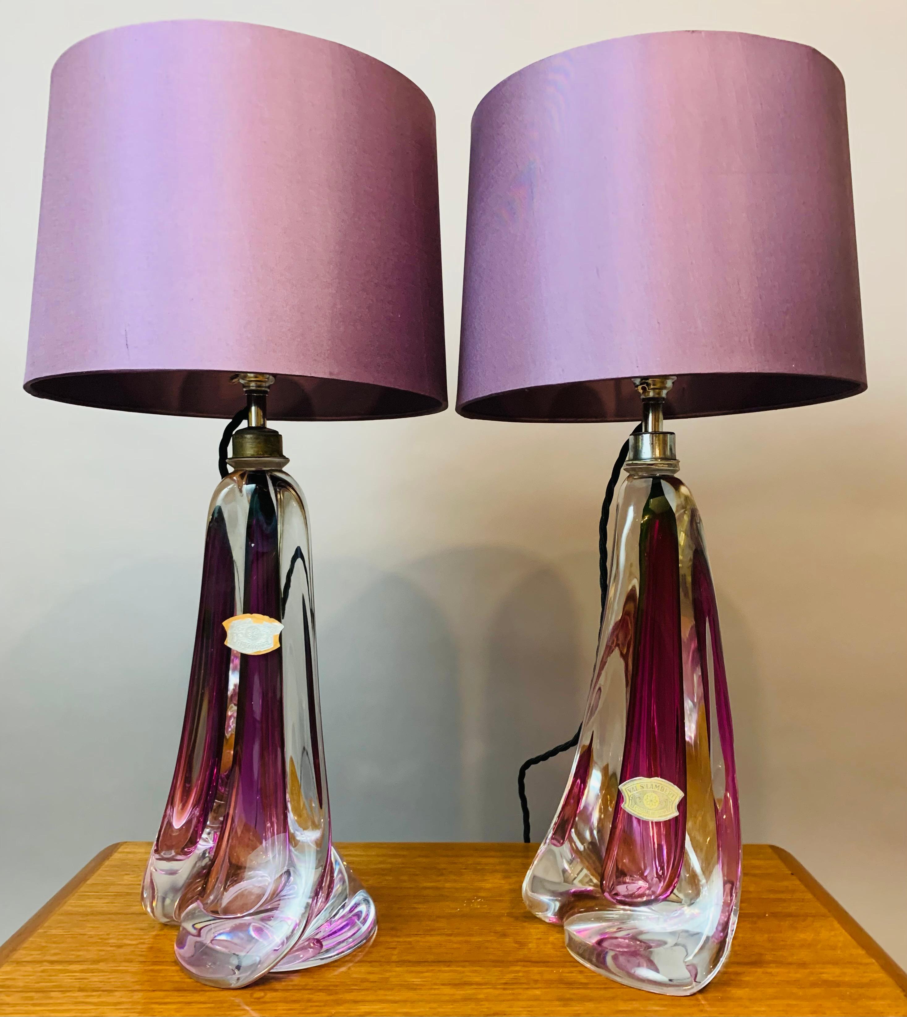Polished Pair of Belgium Val Saint Lambert Purple & Clear Crystal Glass Table Lamps