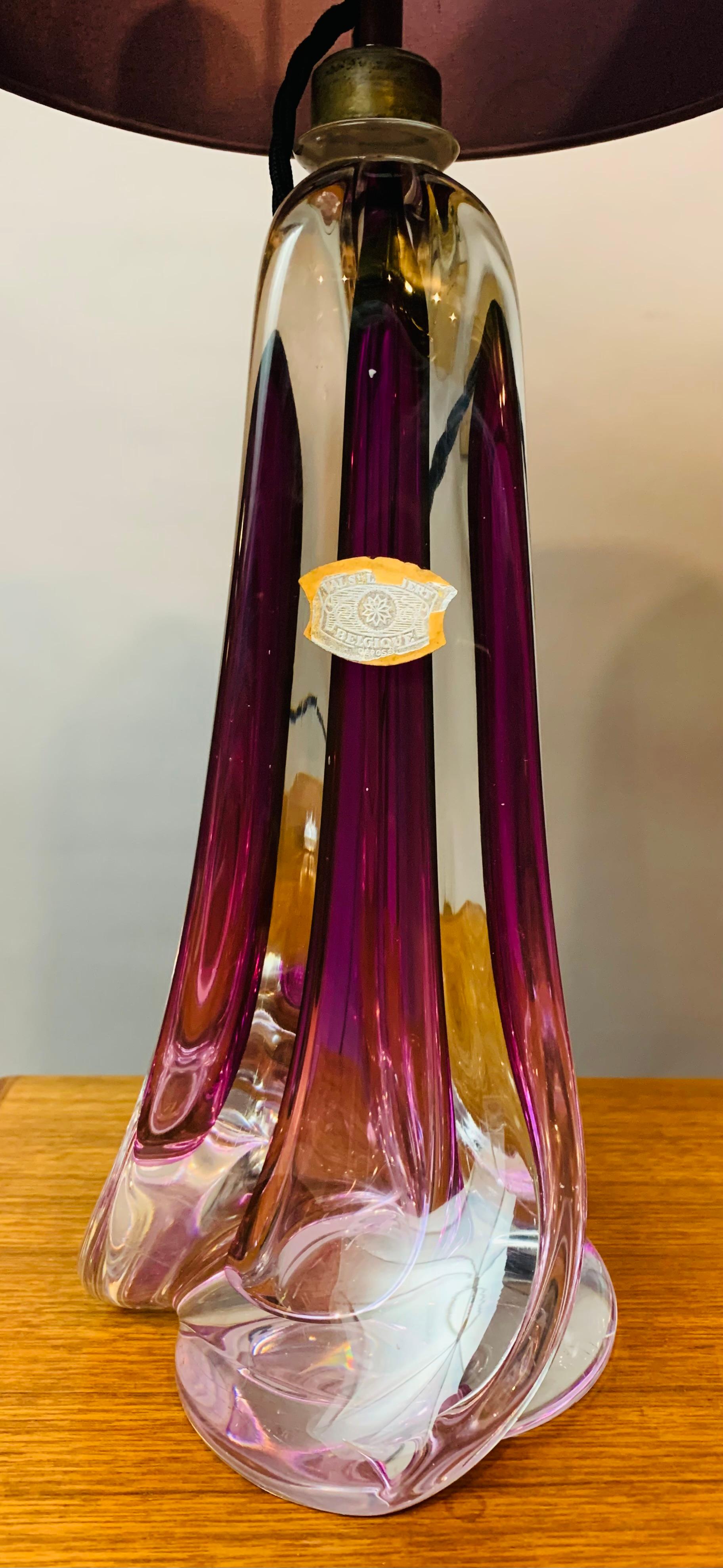 20th Century Pair of Belgium Val Saint Lambert Purple & Clear Crystal Glass Table Lamps