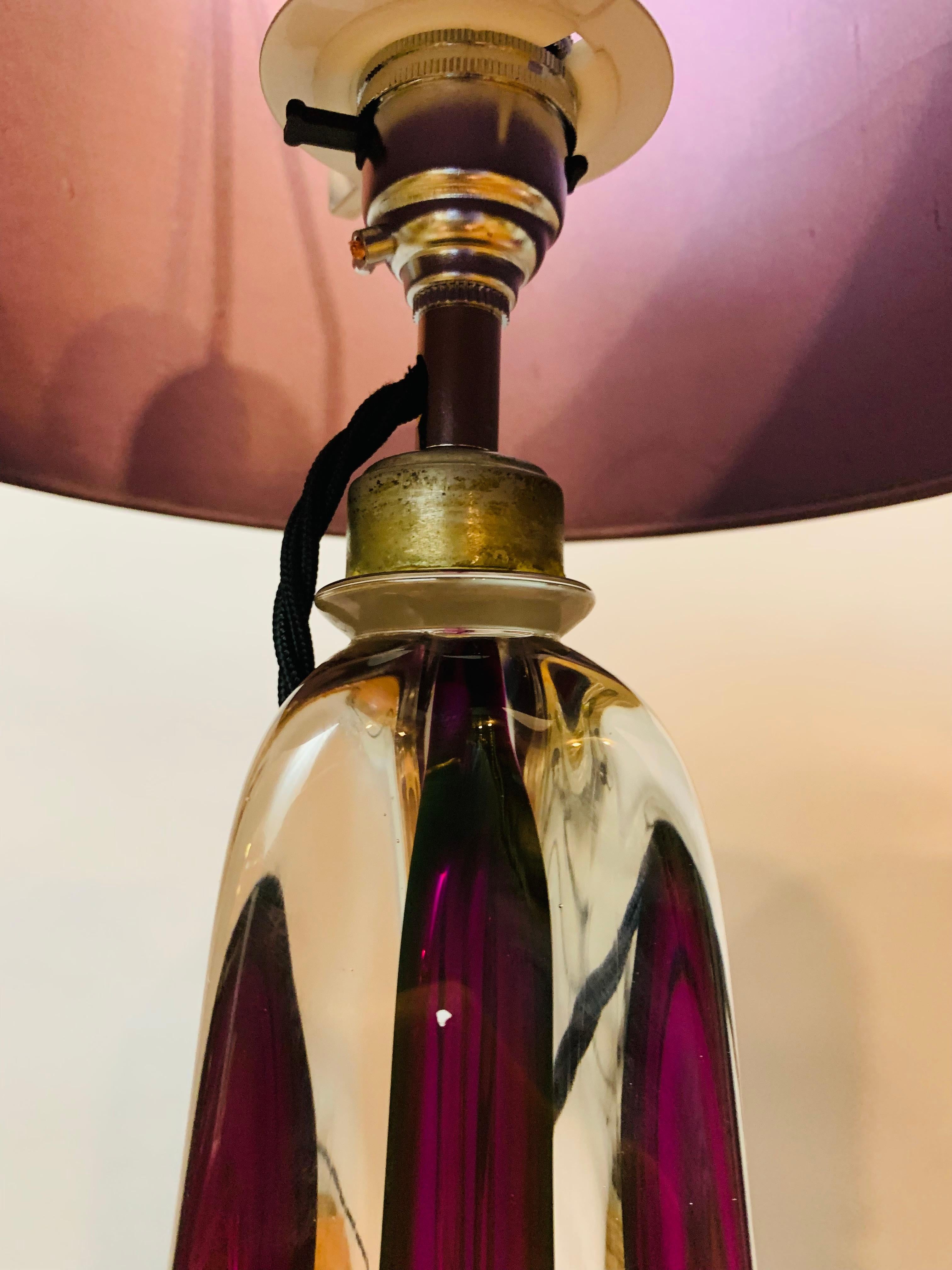 Pair of Belgium Val Saint Lambert Purple & Clear Crystal Glass Table Lamps 1