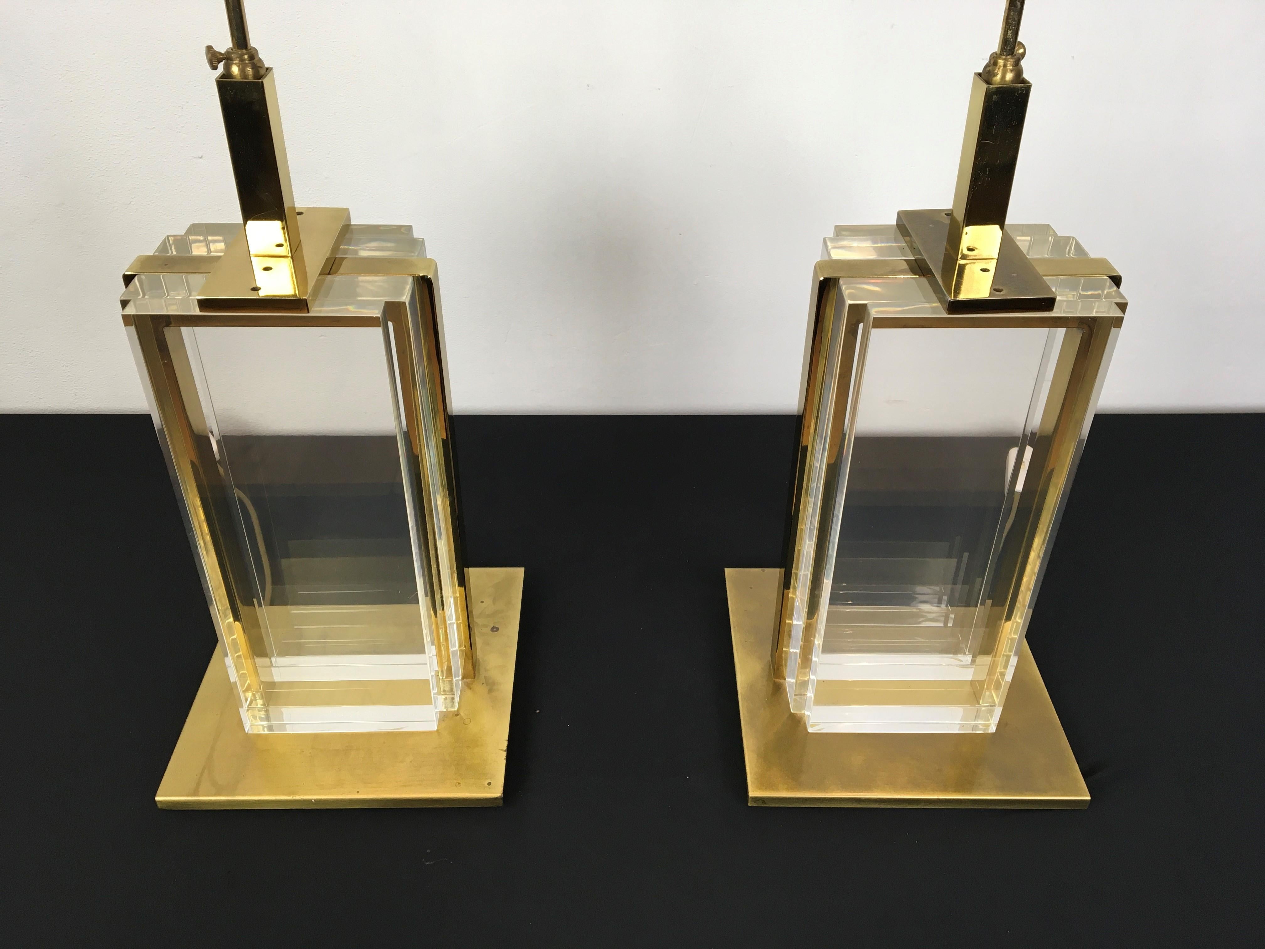 Pair of Belgo Chrome Table Lamps, Lucite and Brass, 1970s For Sale 4