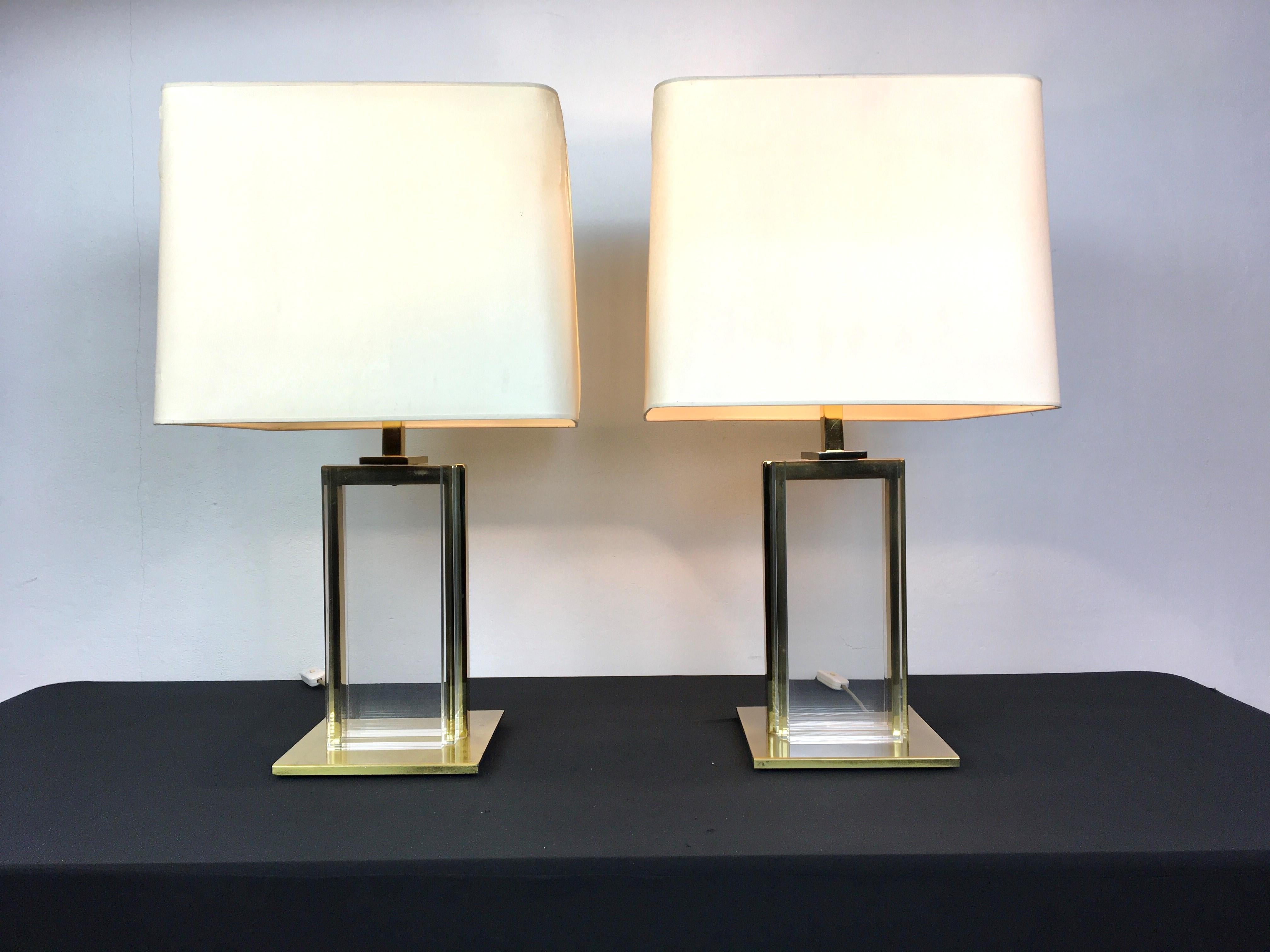 Pair of Belgo Chrome Table Lamps, Lucite and Brass, 1970s For Sale 11