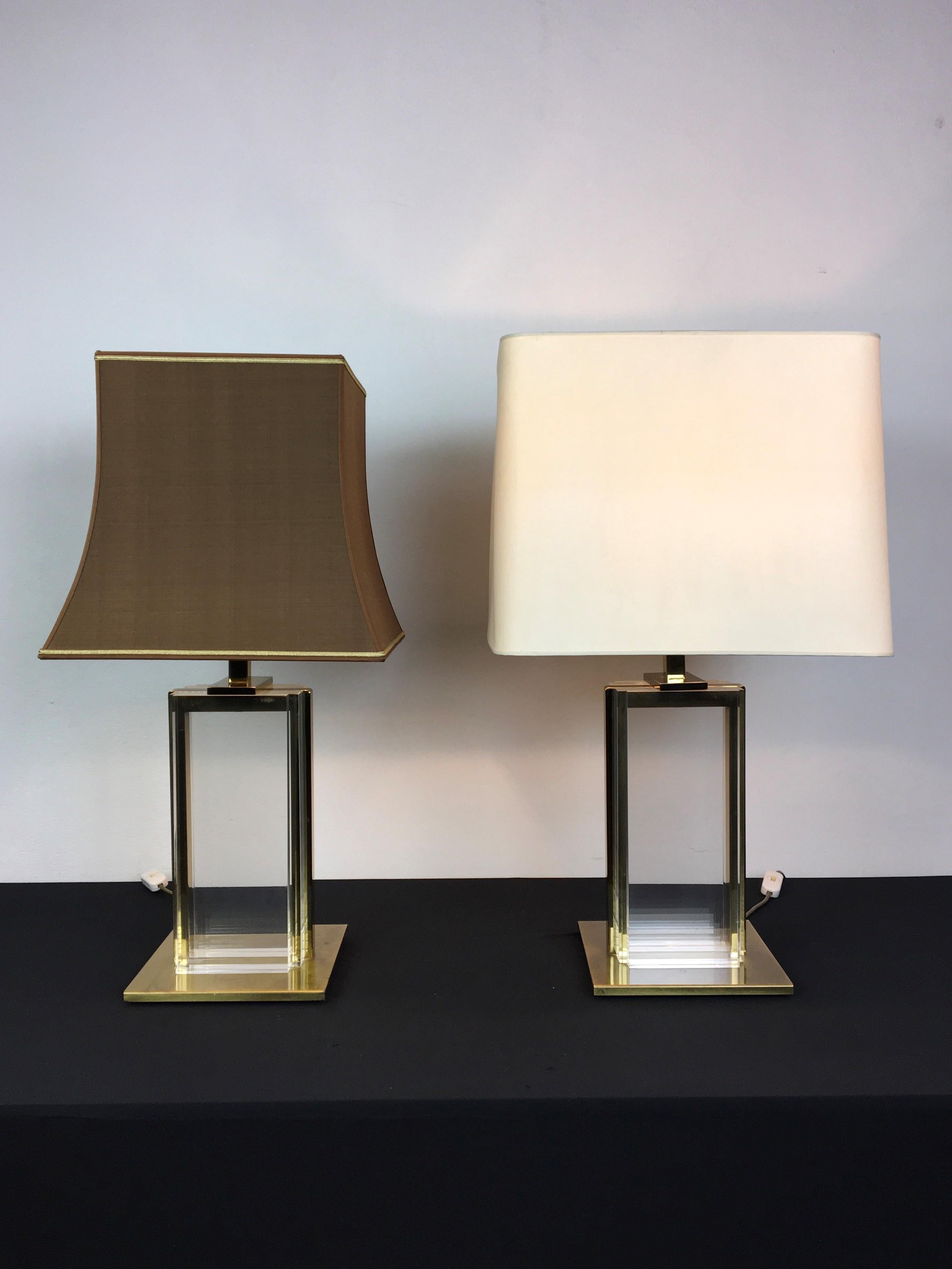 Pair of Belgo Chrome Table Lamps, Lucite and Brass, 1970s For Sale 12