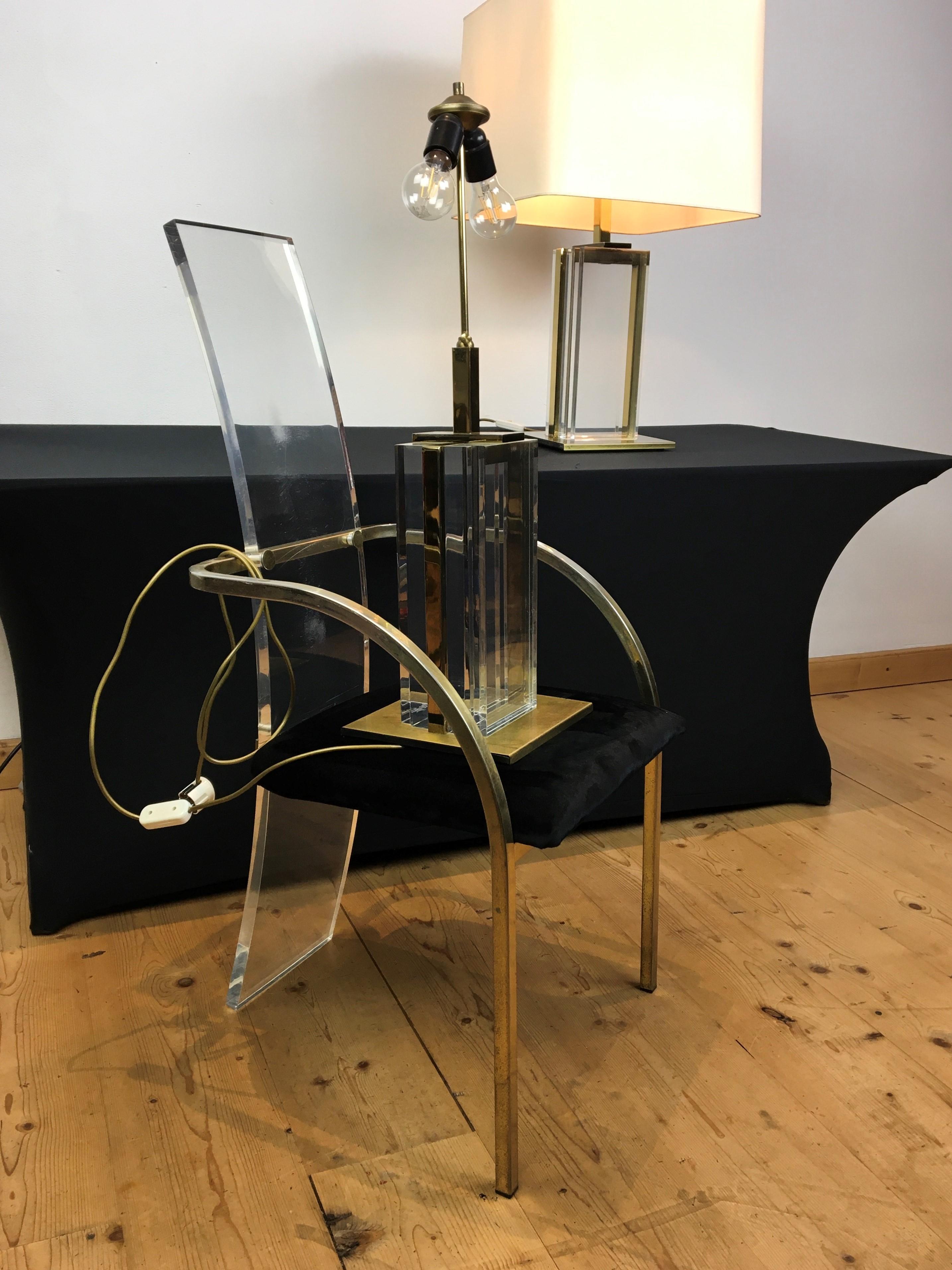 Pair of Lucite and Brass Belgo Chrome Table Lamps, 1970s For Sale 14