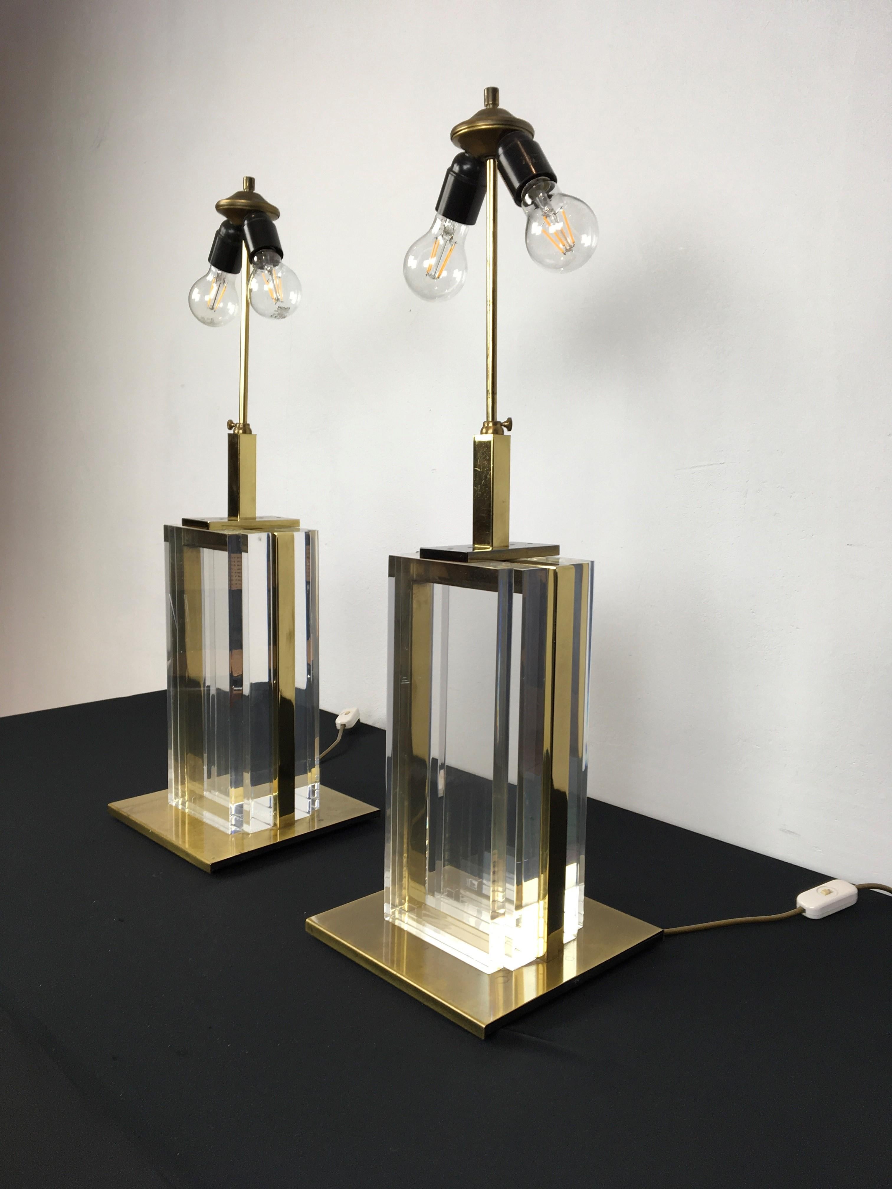 Pair of Belgo Chrome Table Lamps, Lucite and Brass, 1970s In Good Condition For Sale In Antwerp, BE