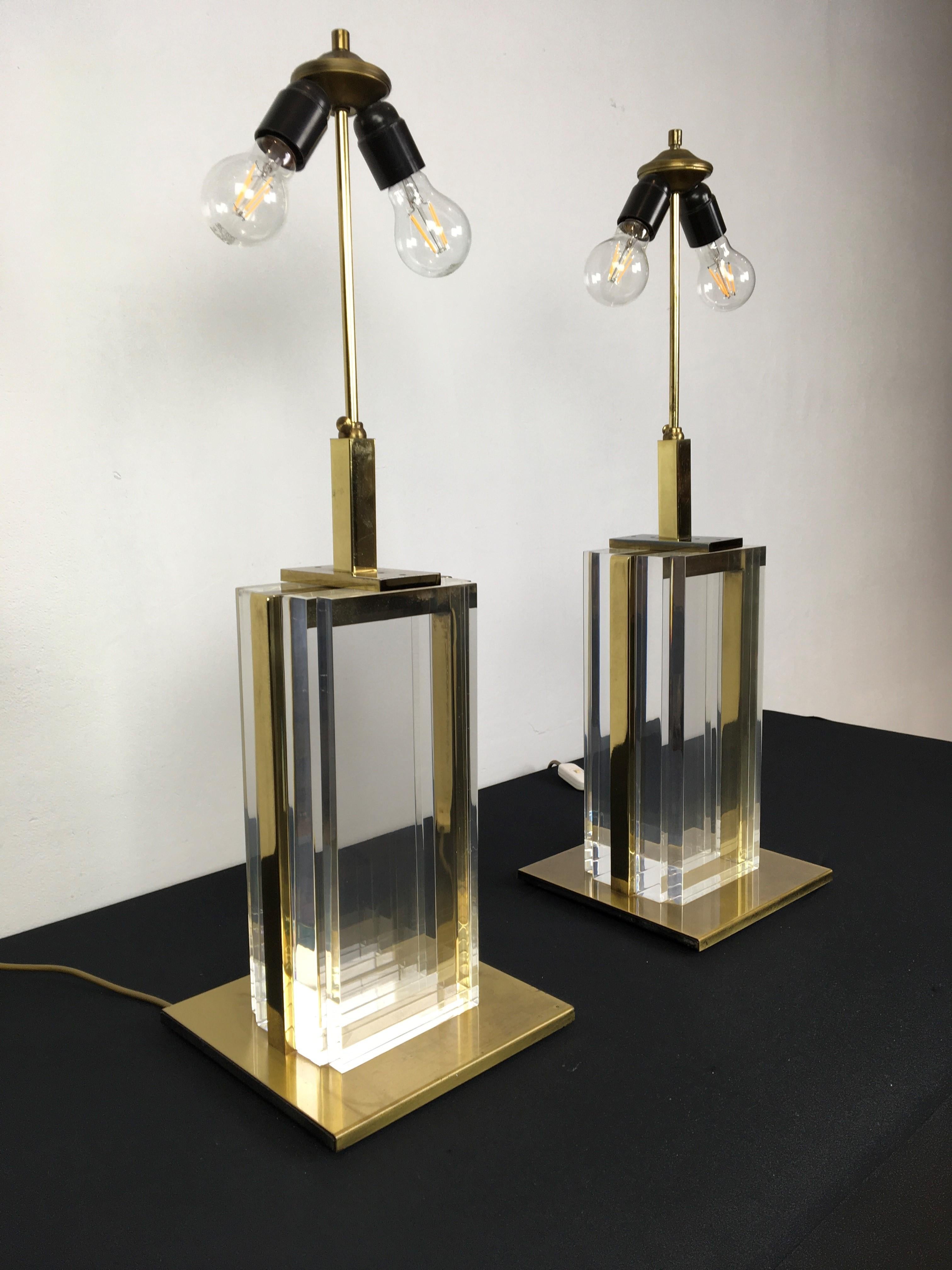 20th Century Pair of Belgo Chrome Table Lamps, Lucite and Brass, 1970s For Sale