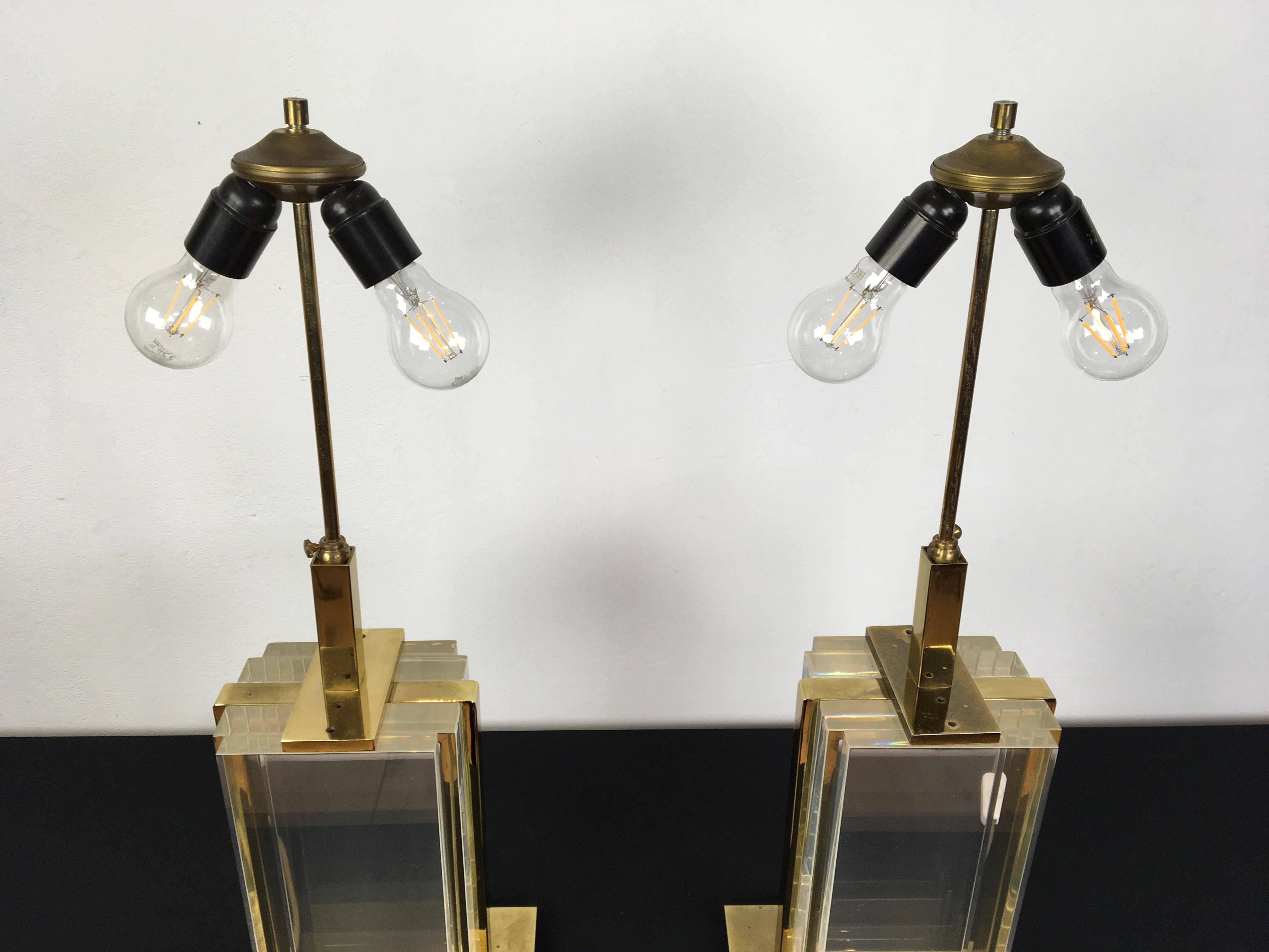 Pair of Belgo Chrome Table Lamps, Lucite and Brass, 1970s For Sale 3