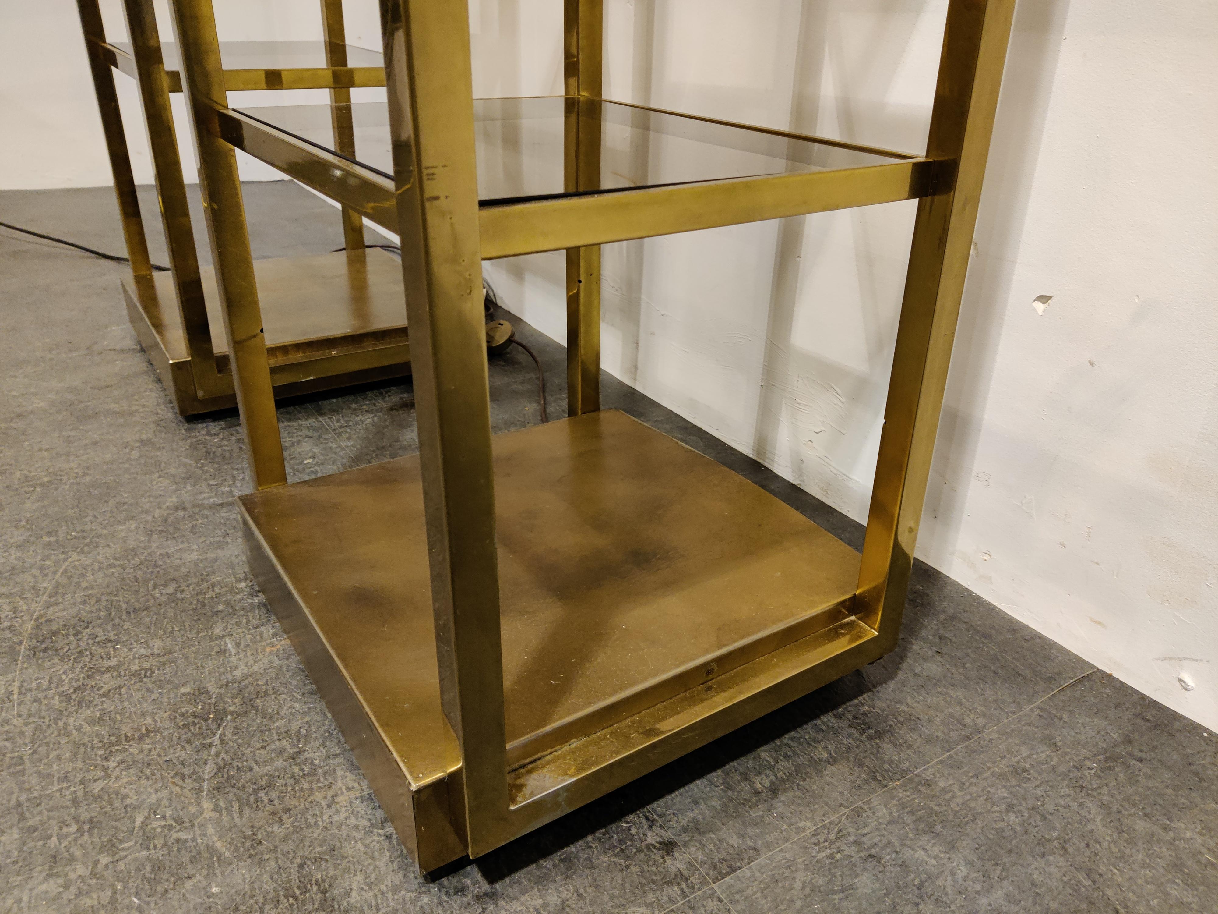 Pair of brass wall etageres with smoked glass shelves.

The etageres have a light at the top, showcasing whatever you have to display on the shelves.

Great presence as a pair.

Rare to find in full brass, usually made of gold leaf and