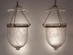 Antique Pair of Bell Jar Lanterns with Floral Etching