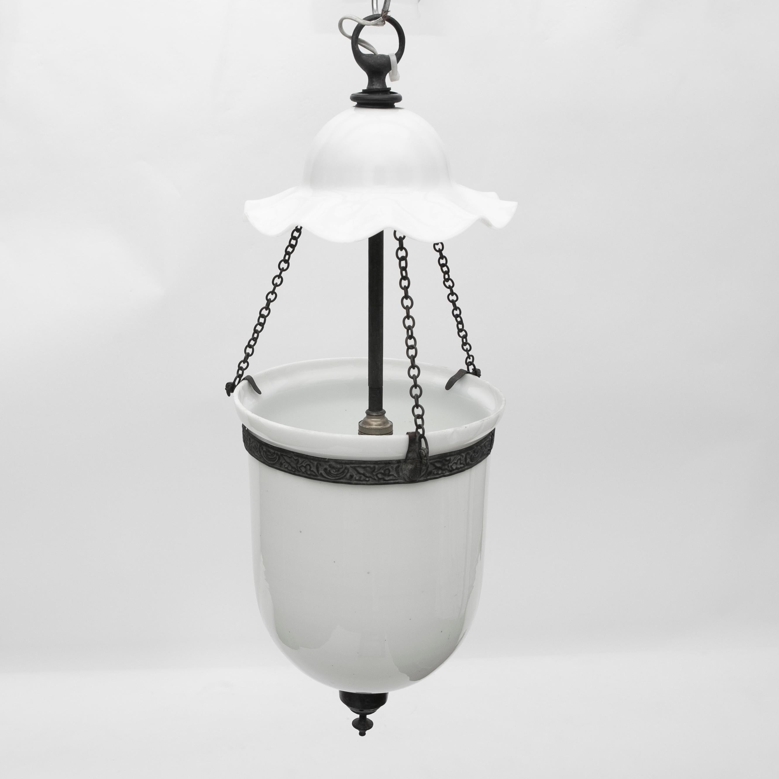 Pair of Antique Bell Jar Opaline Glass Lanterns 5