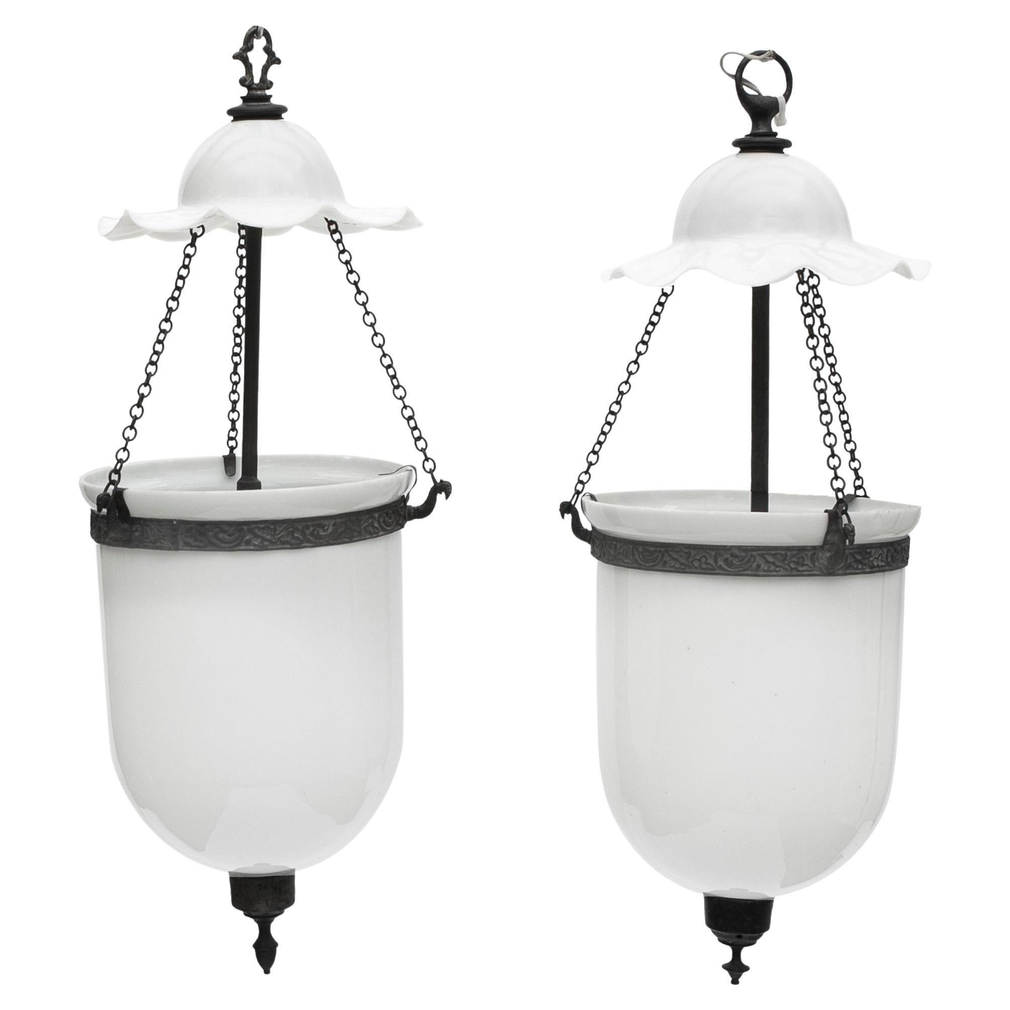 Pair of Bell Jar Opaline Glass Lanterns