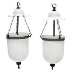 Pair of Antique Bell Jar Opaline Glass Lanterns