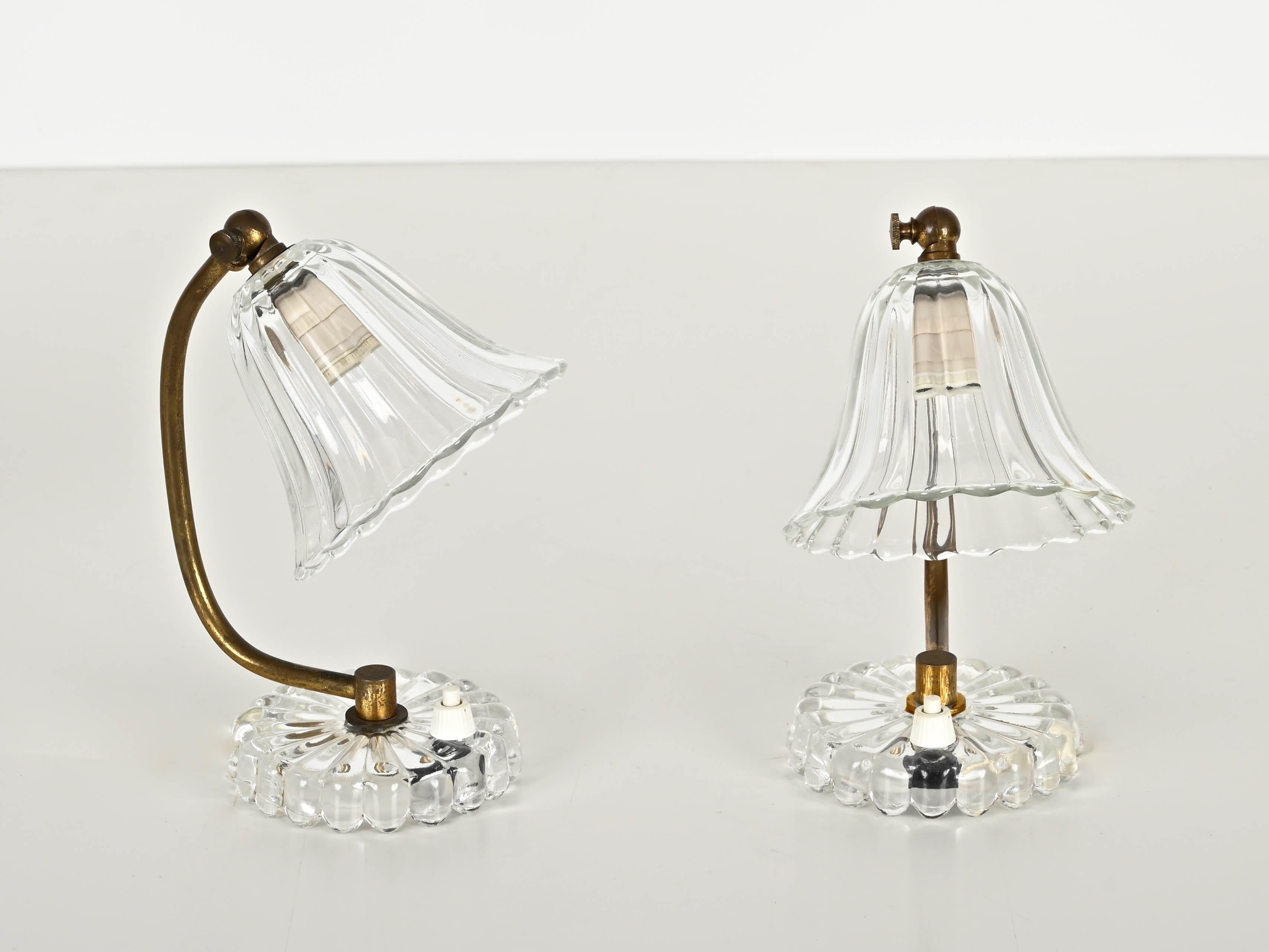 Pair of Bell Table Lamps in Murano Glass and Brass by Barovier, Italy 1940s 6