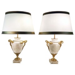 Used Pair of Belle Epoch Alabaster and Gilt Bronze Table Lamps
