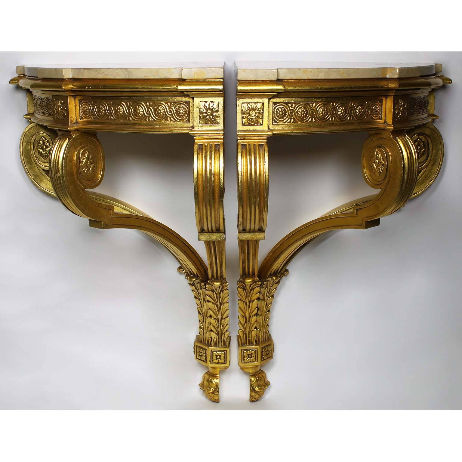 Carved Pair of Belle Epoque 19th-20th Century Louis XV Style Giltwood Corner Consoles For Sale