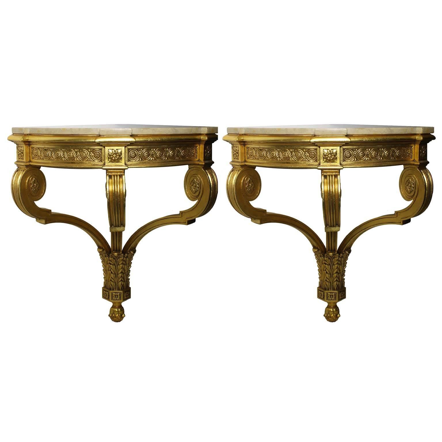 Pair of Belle Epoque 19th-20th Century Louis XV Style Giltwood Corner Consoles For Sale