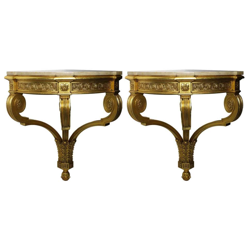 Stunning Pair of Giltwood Half Moon Marquetry Console Tables, 20th ...